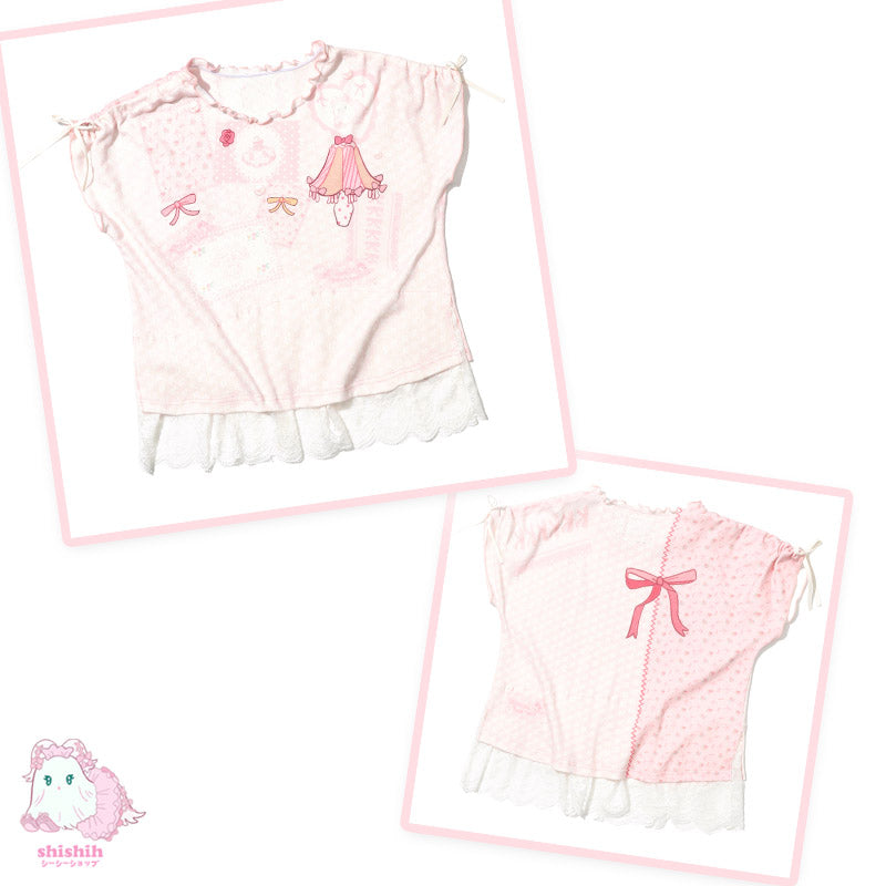 shishihshop – Retro Showa Drawstring Tee with Lace & Original Print by Land Decora