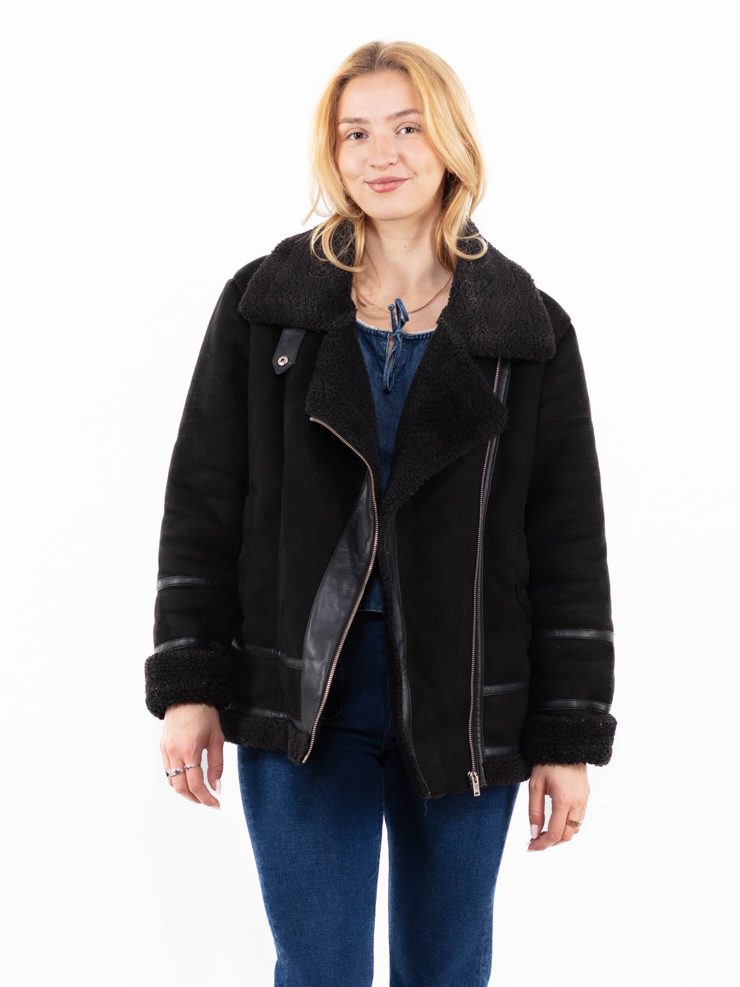 Vintage 00's Women Faux Sheepskin Jacket in Black by Northern Grip
