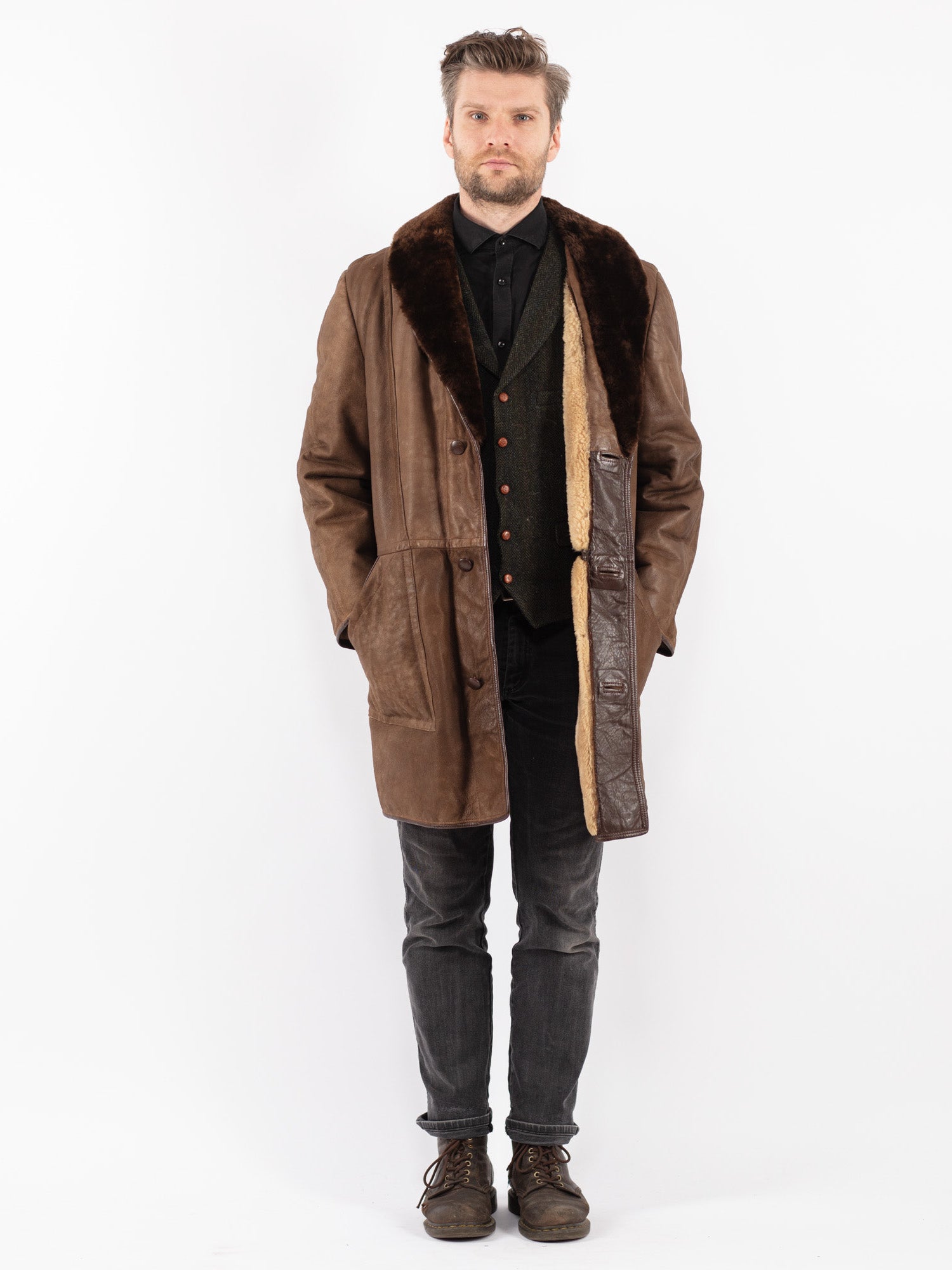 Vintage 70's Men Sheepskin Coat in Brown by Northern Grip