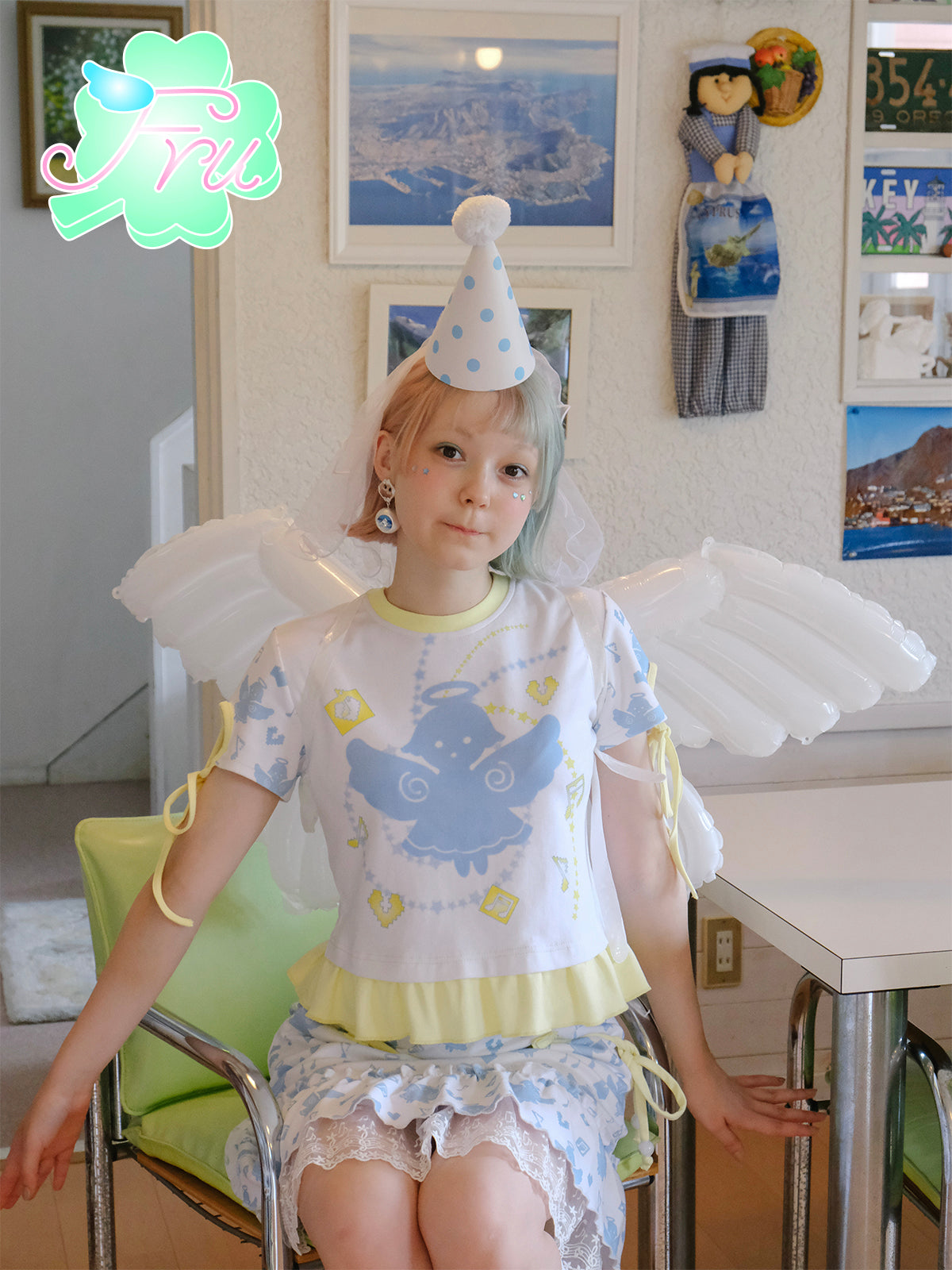 frufru White Angel Print T-Shirt – Cute Summer Cotton Tee by Land Decora