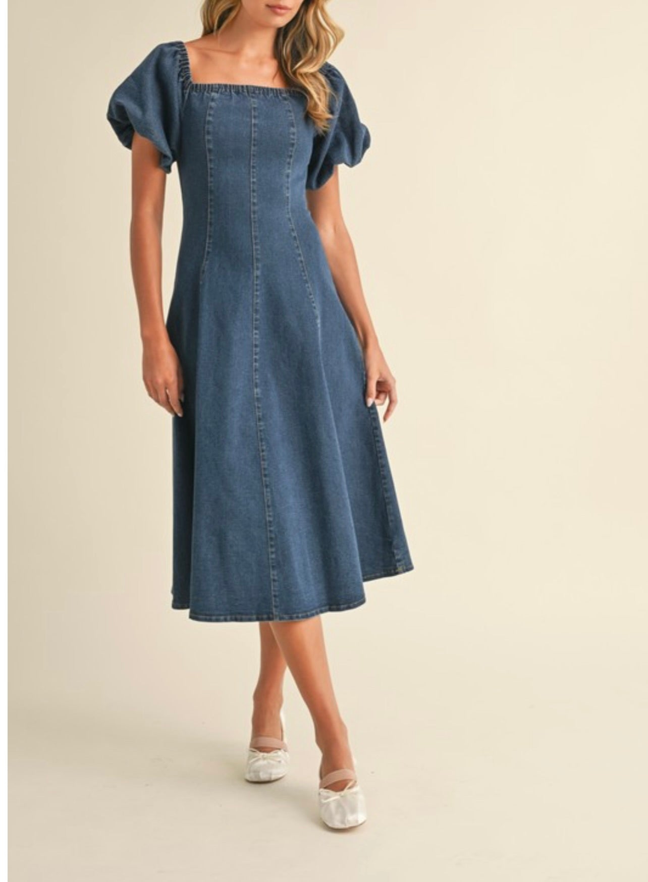 Denim Puff Sleeve A-Line Midi Dress by Sierra Deene