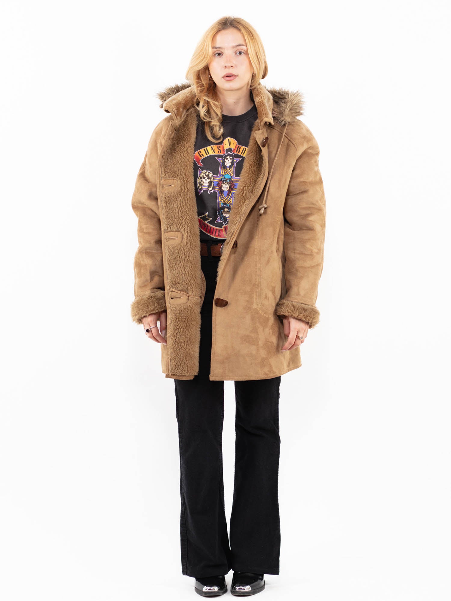 Vintage 90's Women Faux Sheepskin Coat in Beige by Northern Grip