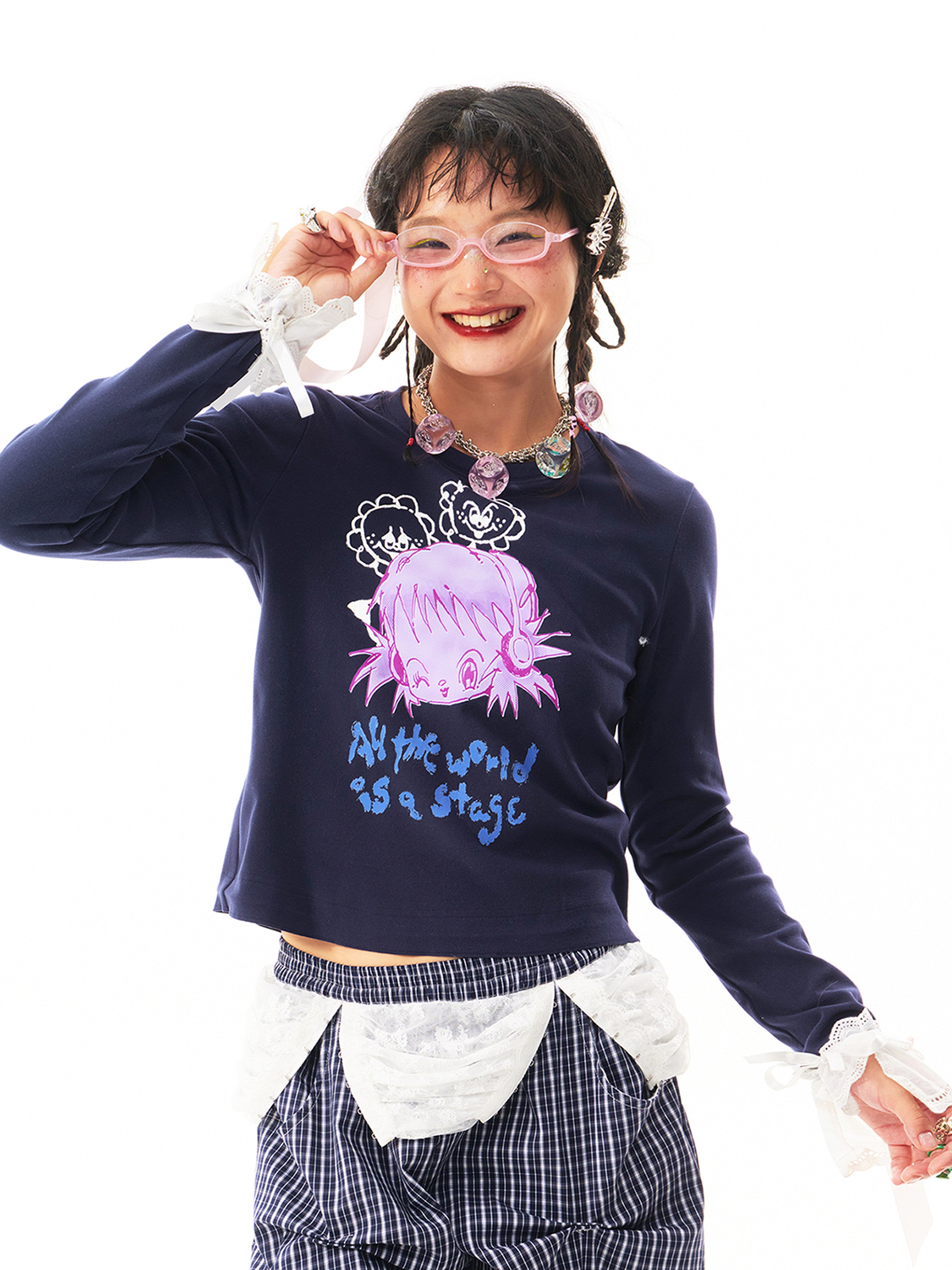 Navy Girl Print Knit Top - sillysis by Land Decora
