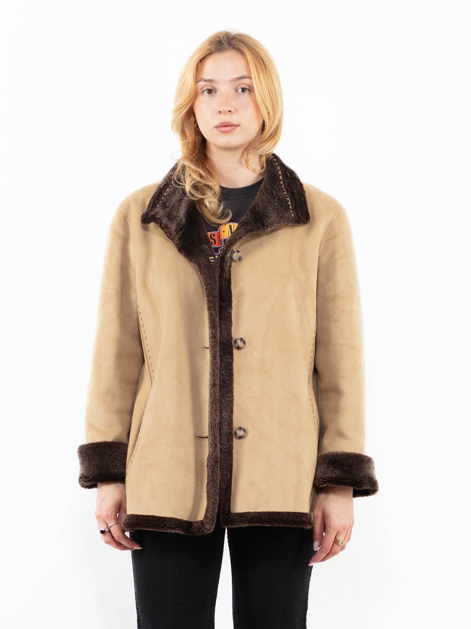 Vintage 00's Women Faux Sheepskin Jacket in Beige by Northern Grip