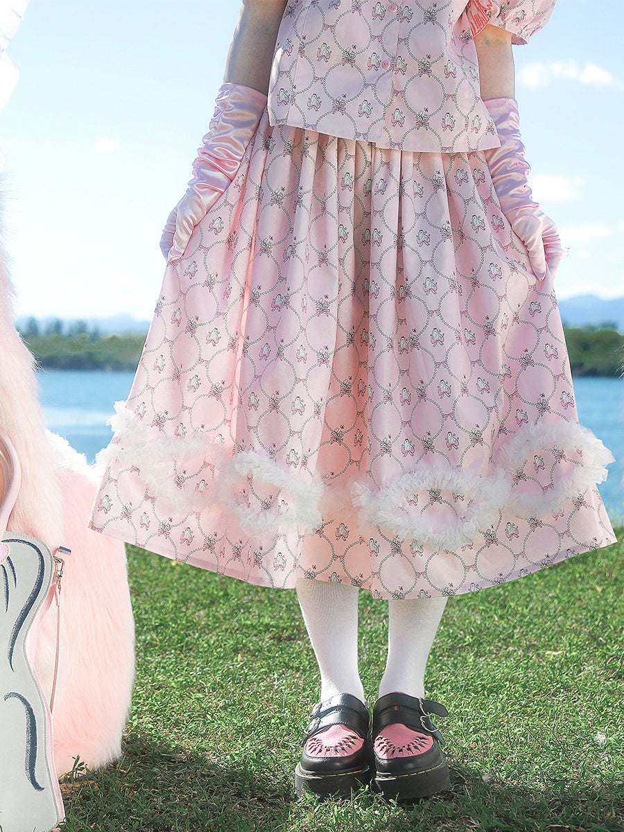 Harajuku Style Meugler Dog Show Pink Pearl Puppy Print Mesh Lace Skirt by Land Decora