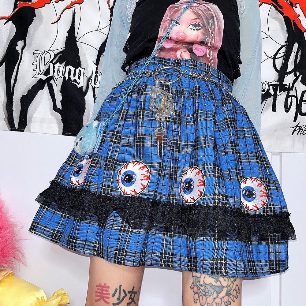 Eye Embroidery Plaid Mini Skirt | Y2K Punk Harajuku Fashion by Land Decora