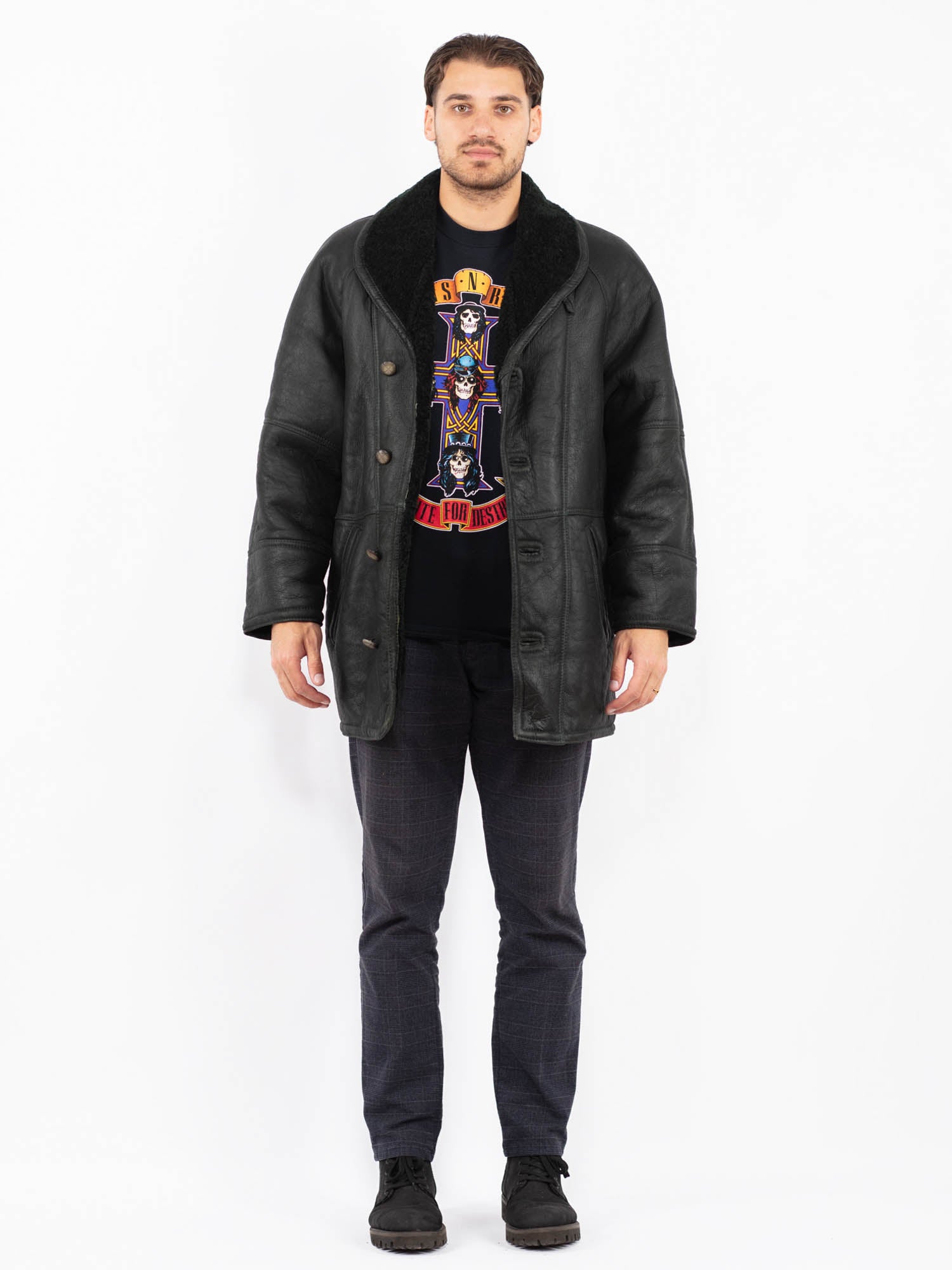 Vintage 80's Men Sheepskin Shearling Coat in Black by Northern Grip