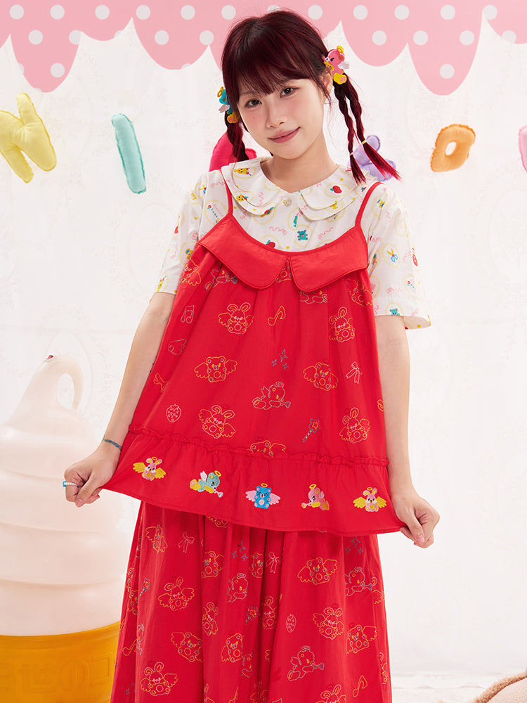 NIKKOU Adjustable Cotton Tank | Kawaii Embroidered Red Camisole Top by Land Decora