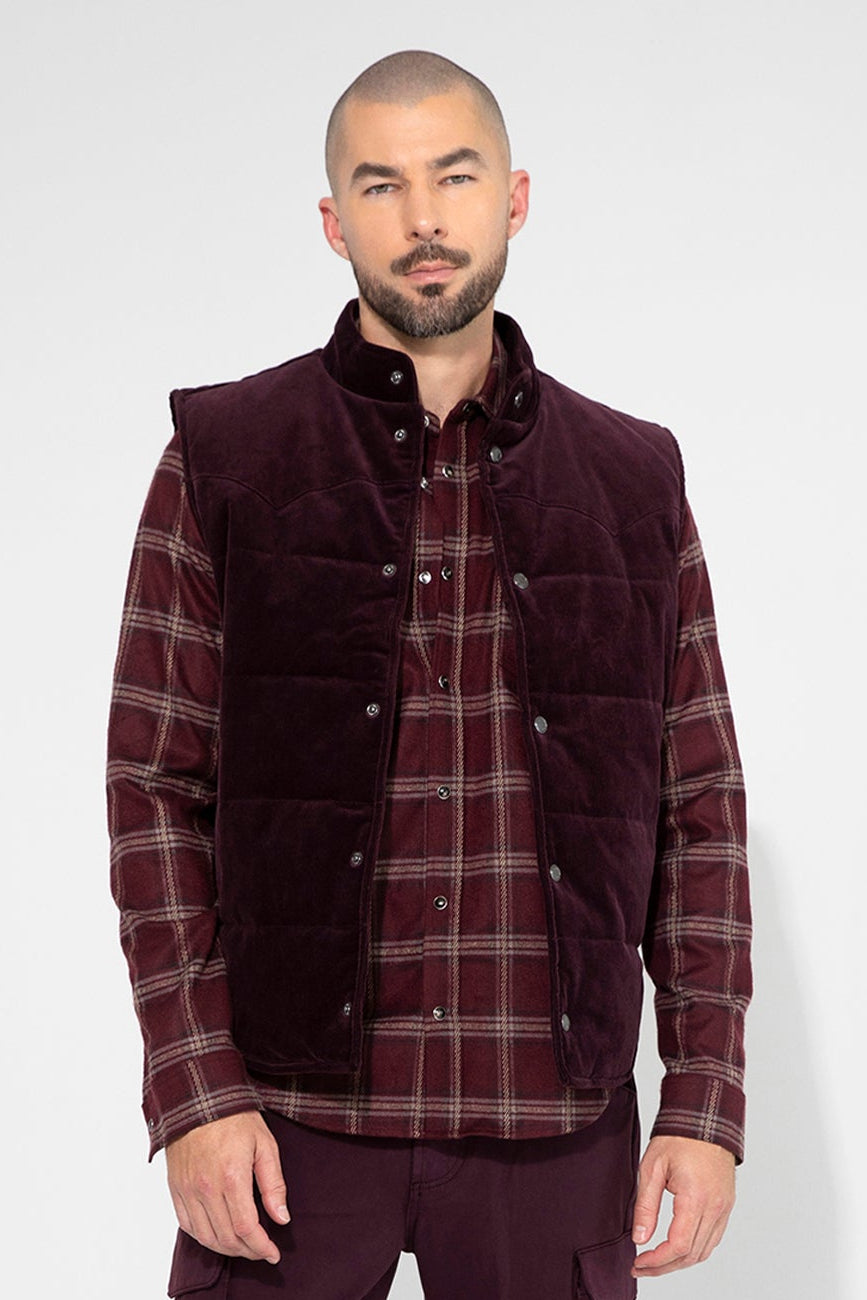 Wayne Needle Cord Plum Stretch Puffer Vest by MONFRERE