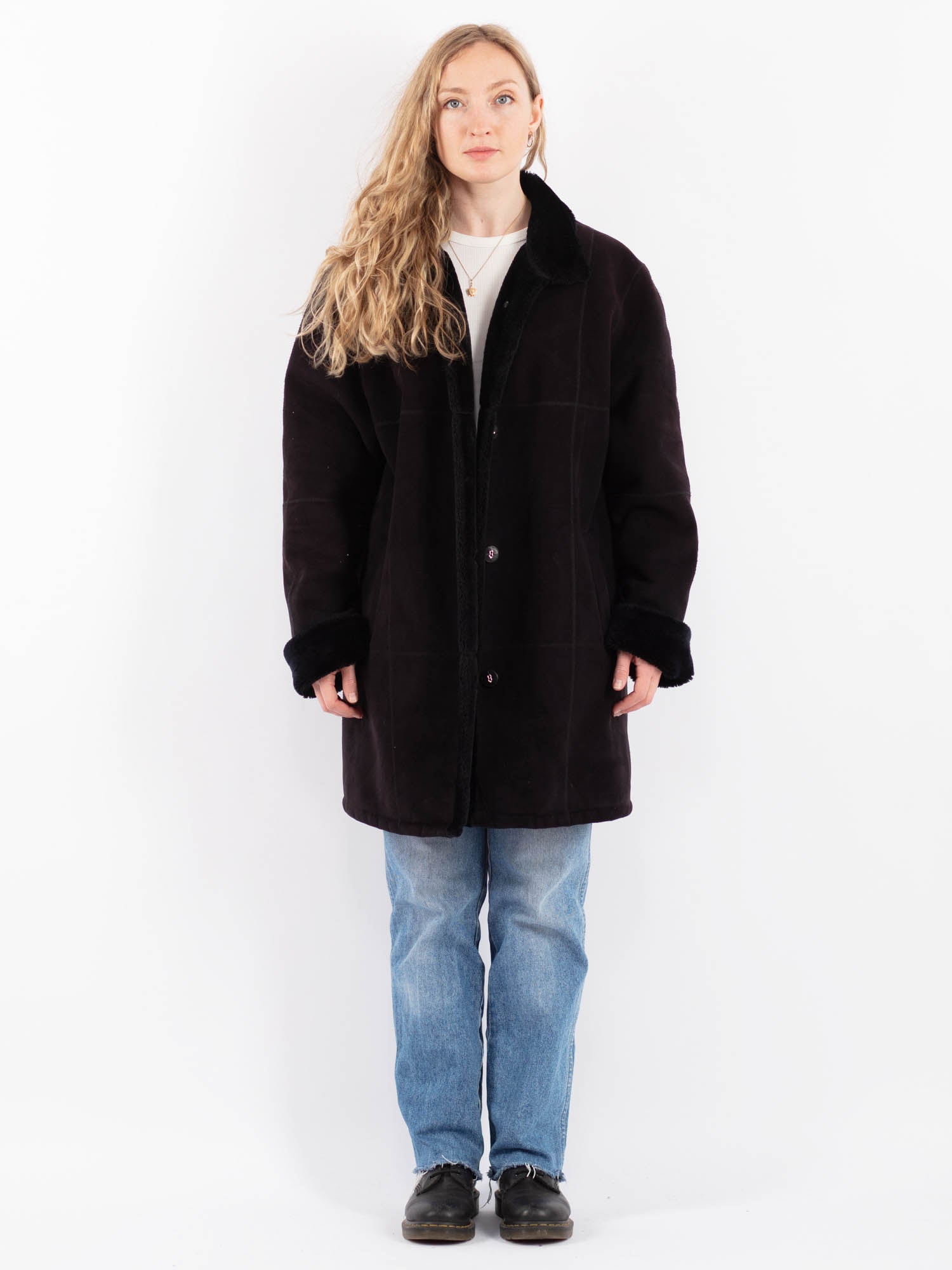 Vintage 90's Women Faux Sheepskin Coat in Black by Northern Grip