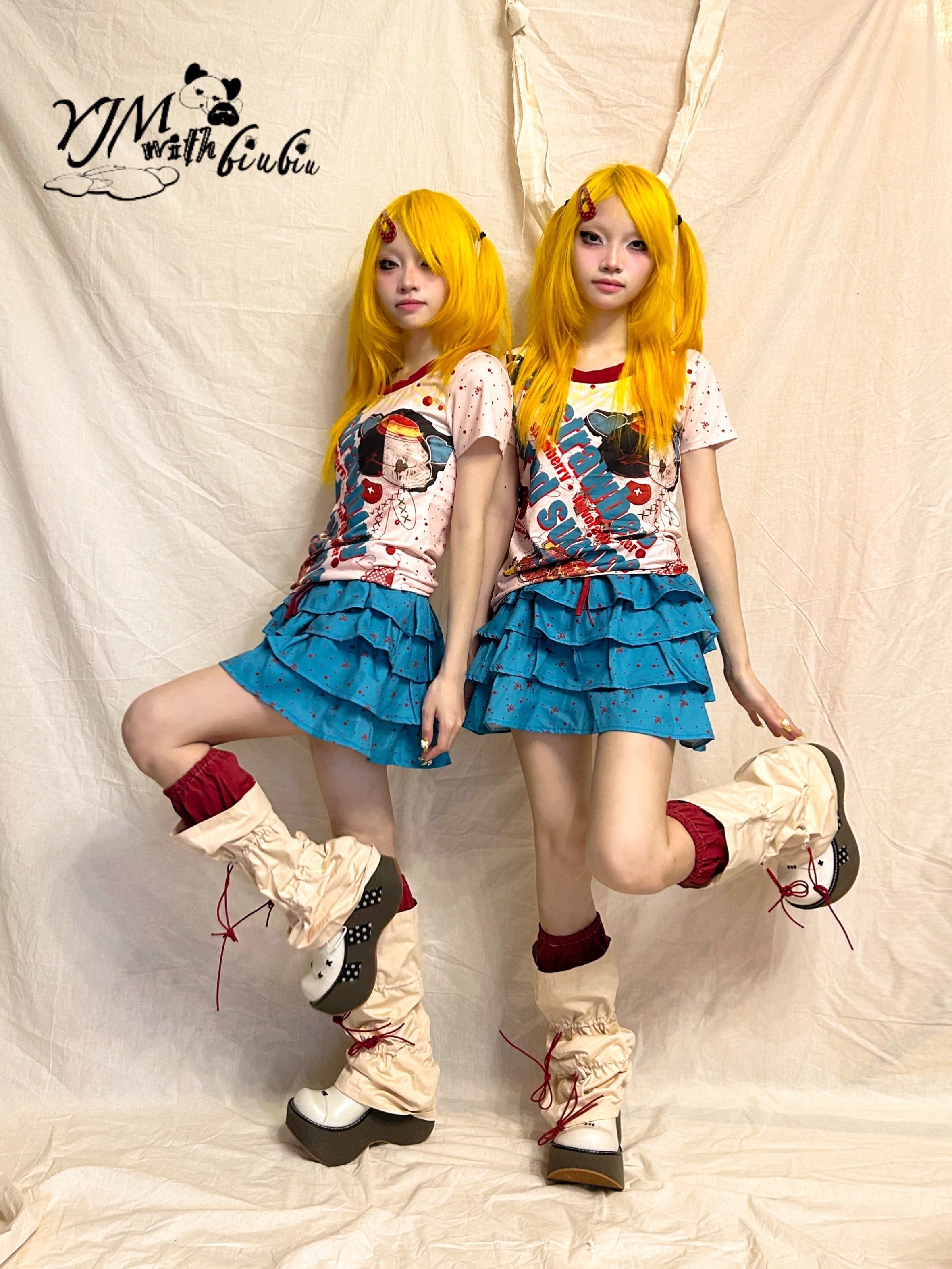 YJM with biubiu Layered Cake Skirt | Harajuku Polka Dot Bow Skirt by Land Decora