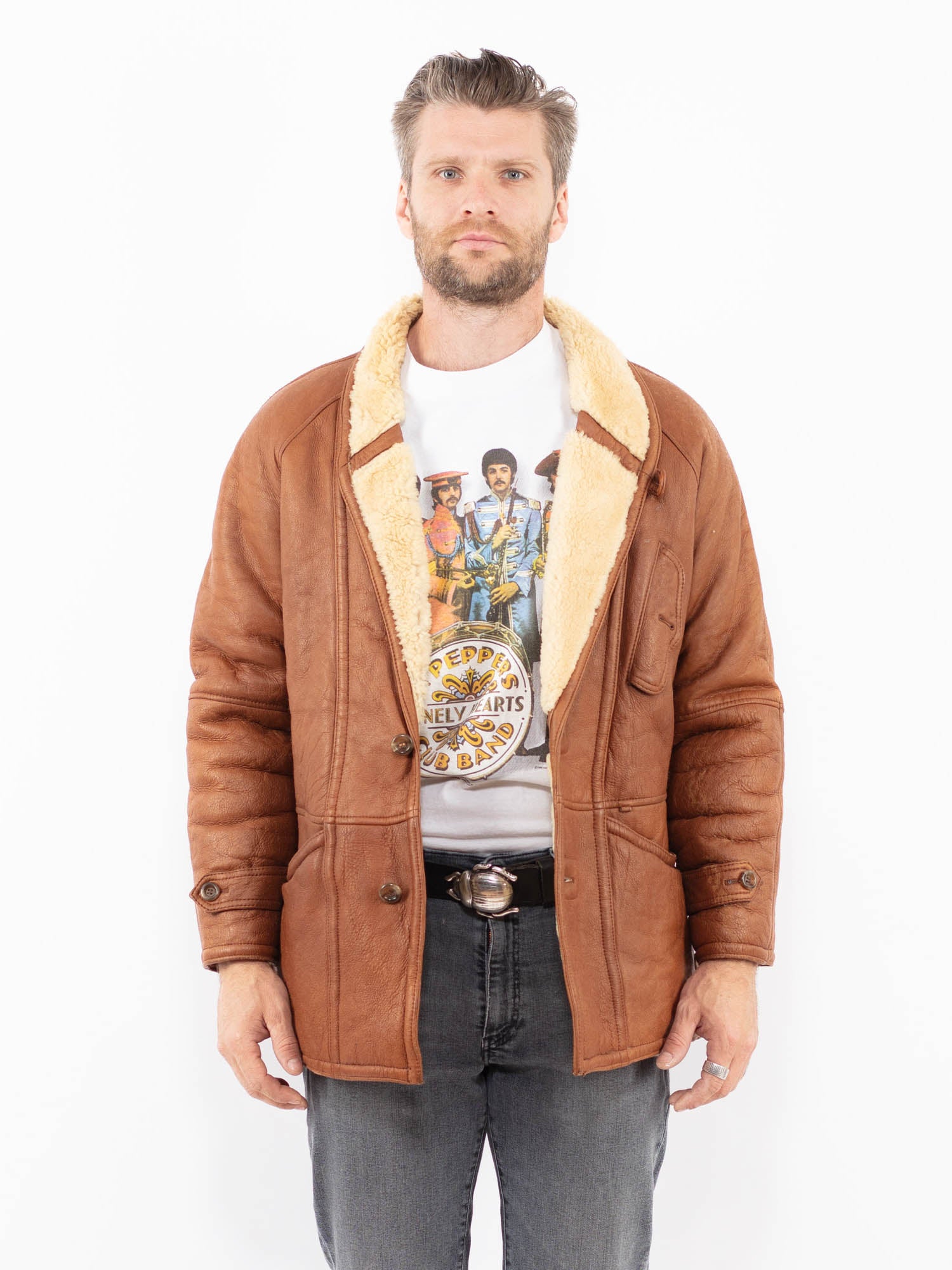 Vintage 80's Men Sheepskin Coat in Brown by Northern Grip