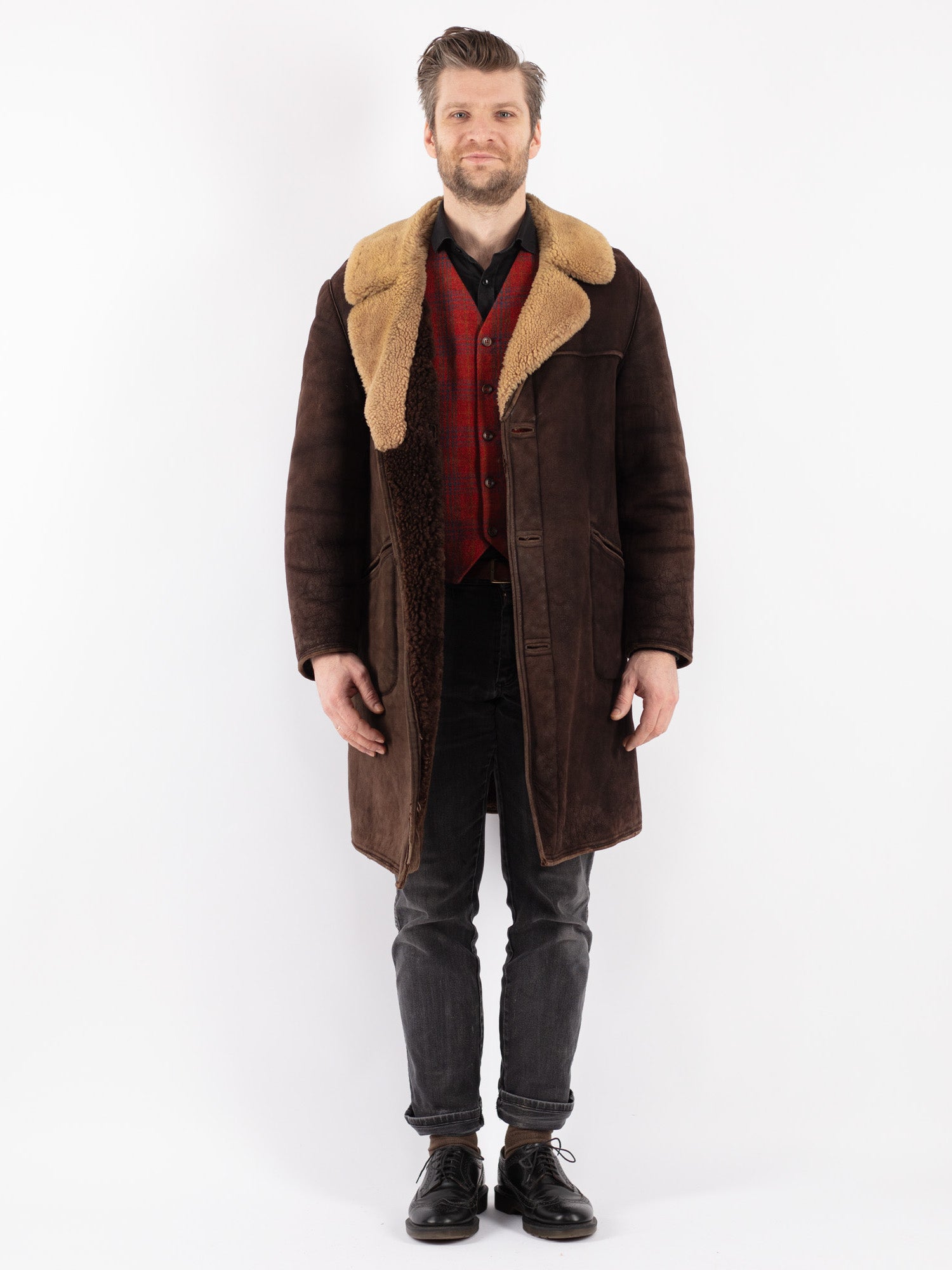 Vintage 70's Men Sheepskin Coat in Brown by Northern Grip