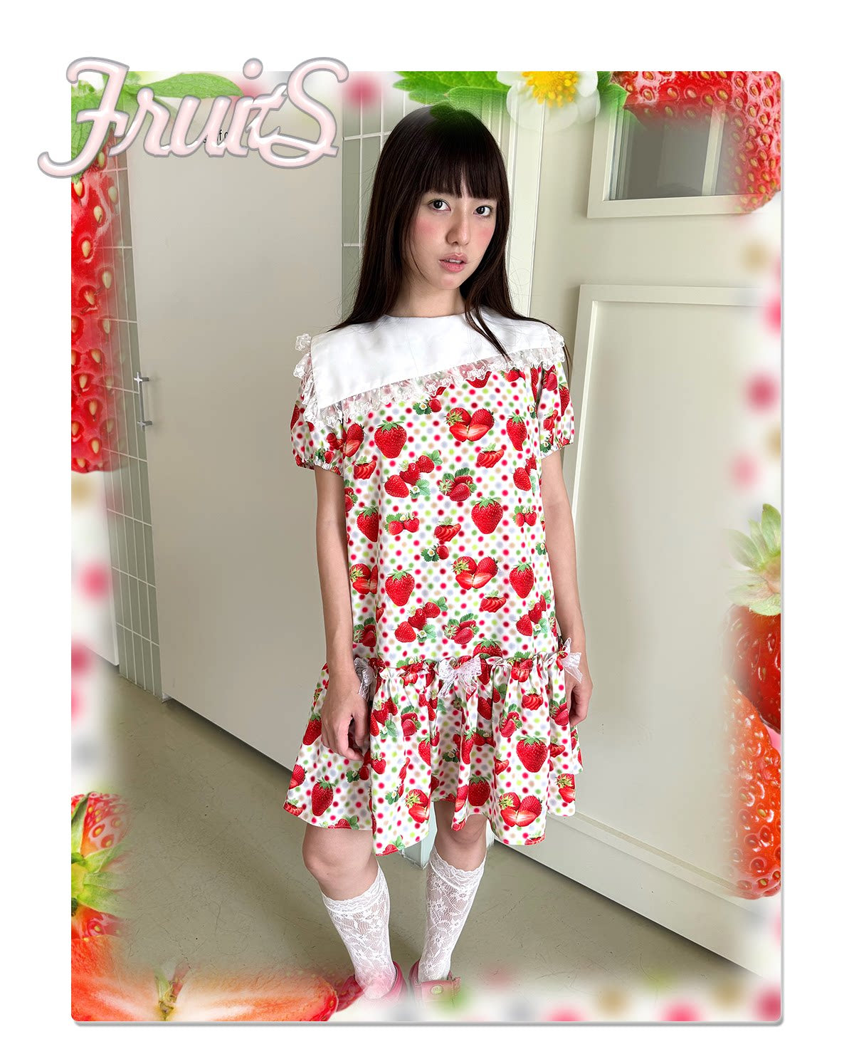Strawberry Polka Dot Peter Pan Collar Dress | Kawaii Japanese Fashion by Land Decora