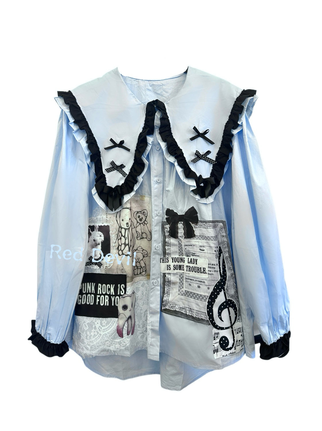 RedDevil Handmade Baby Blue Doll Collar Oversized Shirt by Land Decora