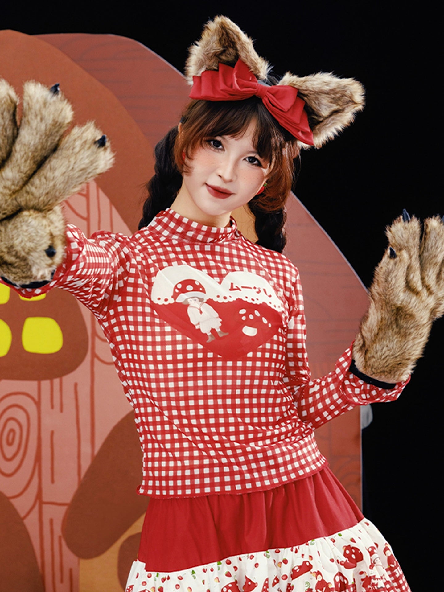 Meugler Kawaii Red Mushroom Heart Mesh Top – Sheer Gingham Long Sleeve by Land Decora