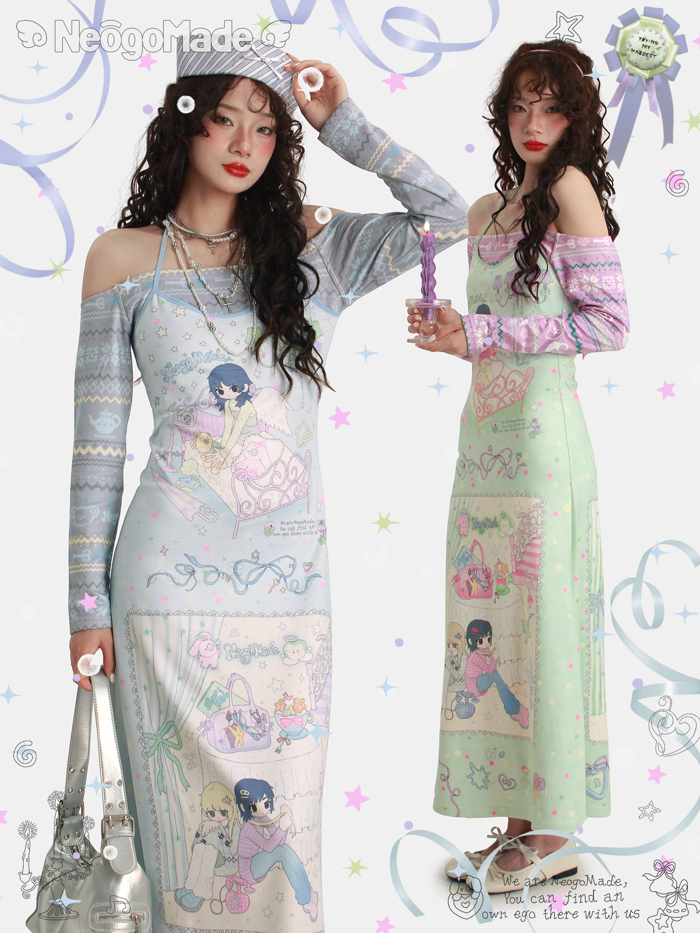 Kawaii Off-Shoulder Fake Two-Piece Dress – NeogoMade by Land Decora