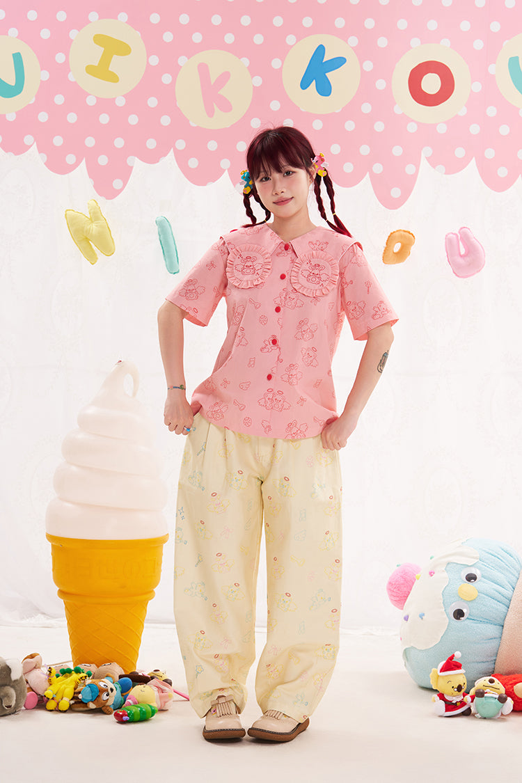 NIKKOU Kawaii Two-Tone Jeans | Harajuku Embroidered Denim Pants by Land Decora