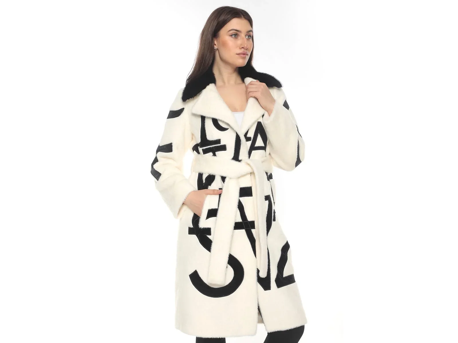 White Lama Wool Knee-Length Coat with Mink Fur Collar & Letter Design by Kolleen Boutique