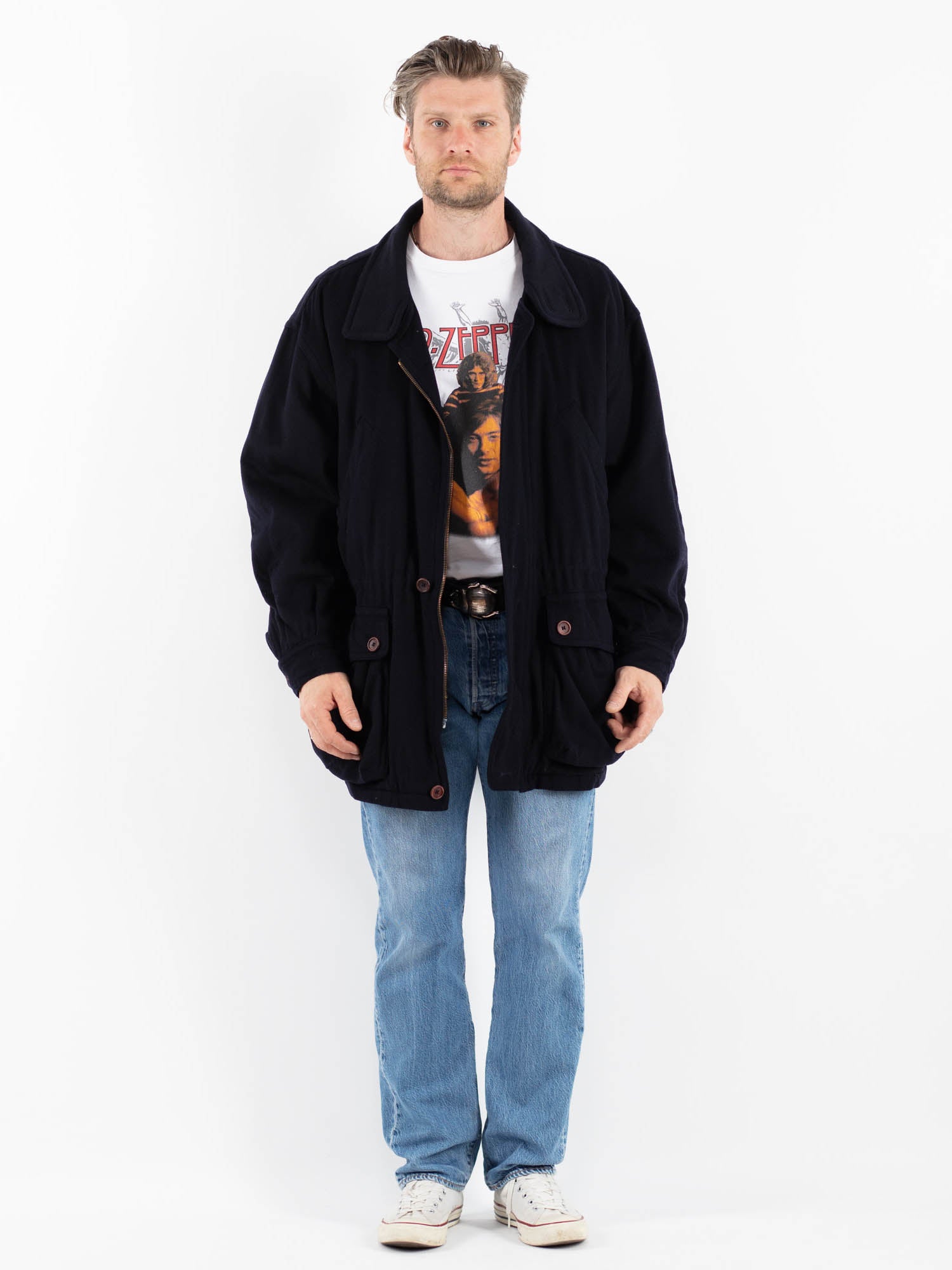 Vintage 80's Men Cashmere Wool Blend Coat in Blue by Northern Grip