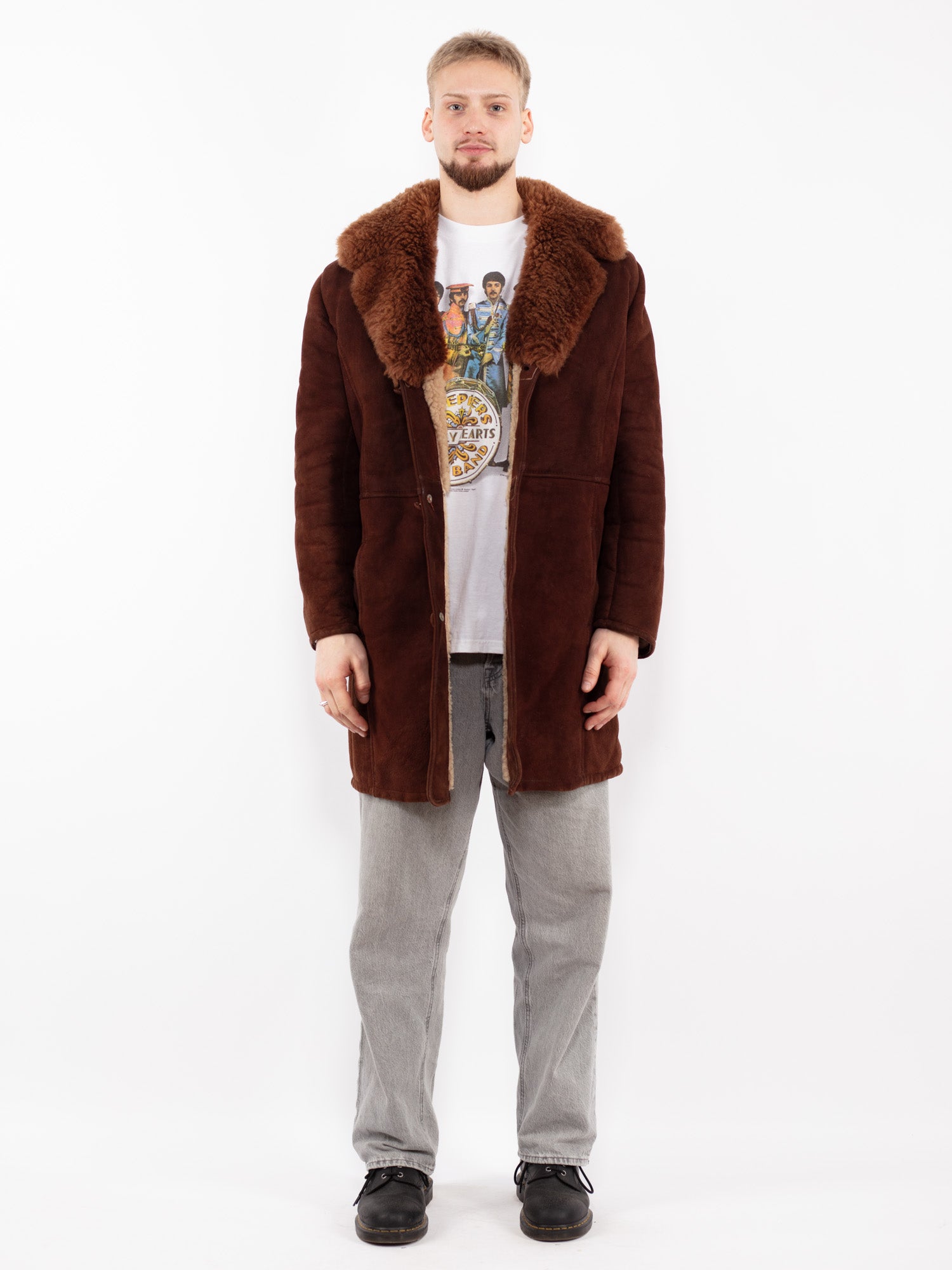 Vintage 70's Men Sheepskin Shearling Coat in Brown by Northern Grip