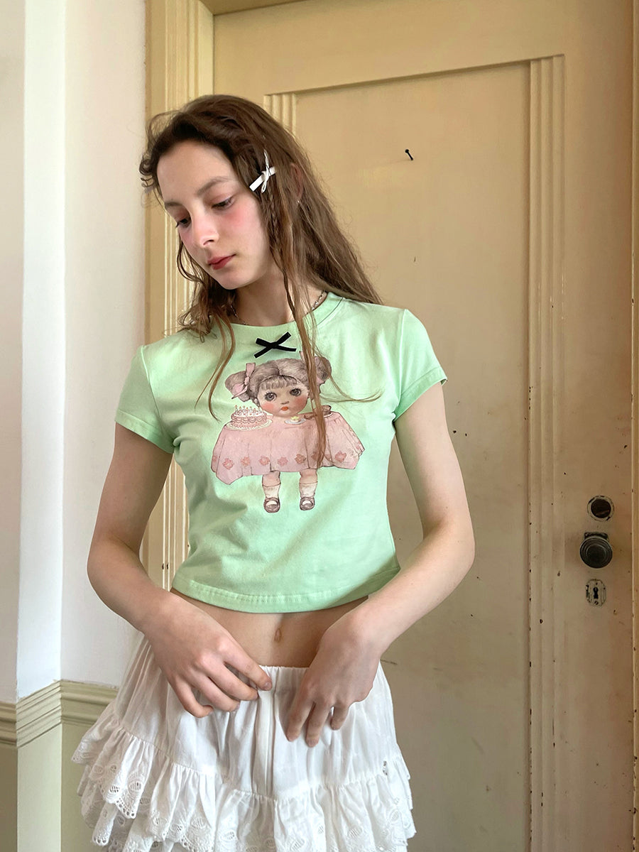 Girly Kawaii Doll Tee Angel Tears Collaboration Cute Print - Daytoday Everyday Institute by Land Decora
