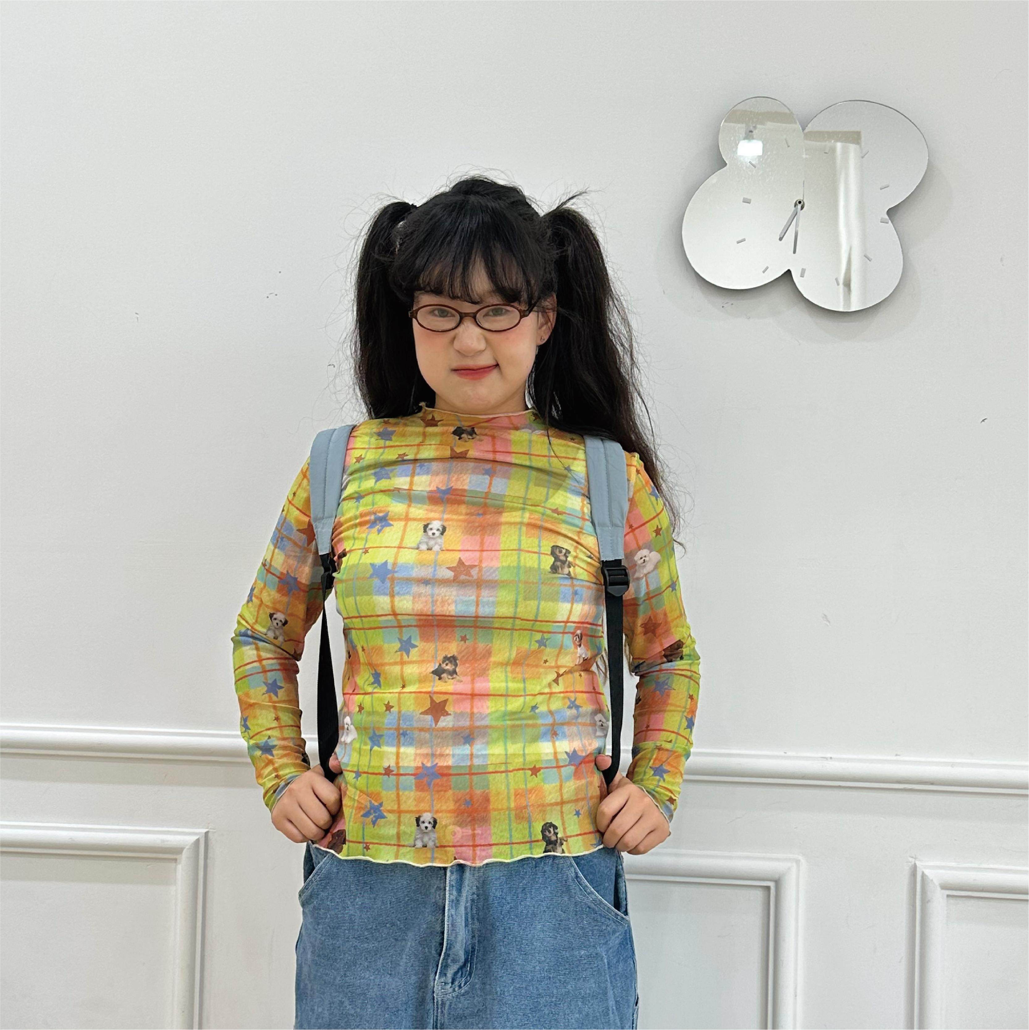 Harajuku Puppy Print Mesh Top - Autumn Oxygen by Land Decora