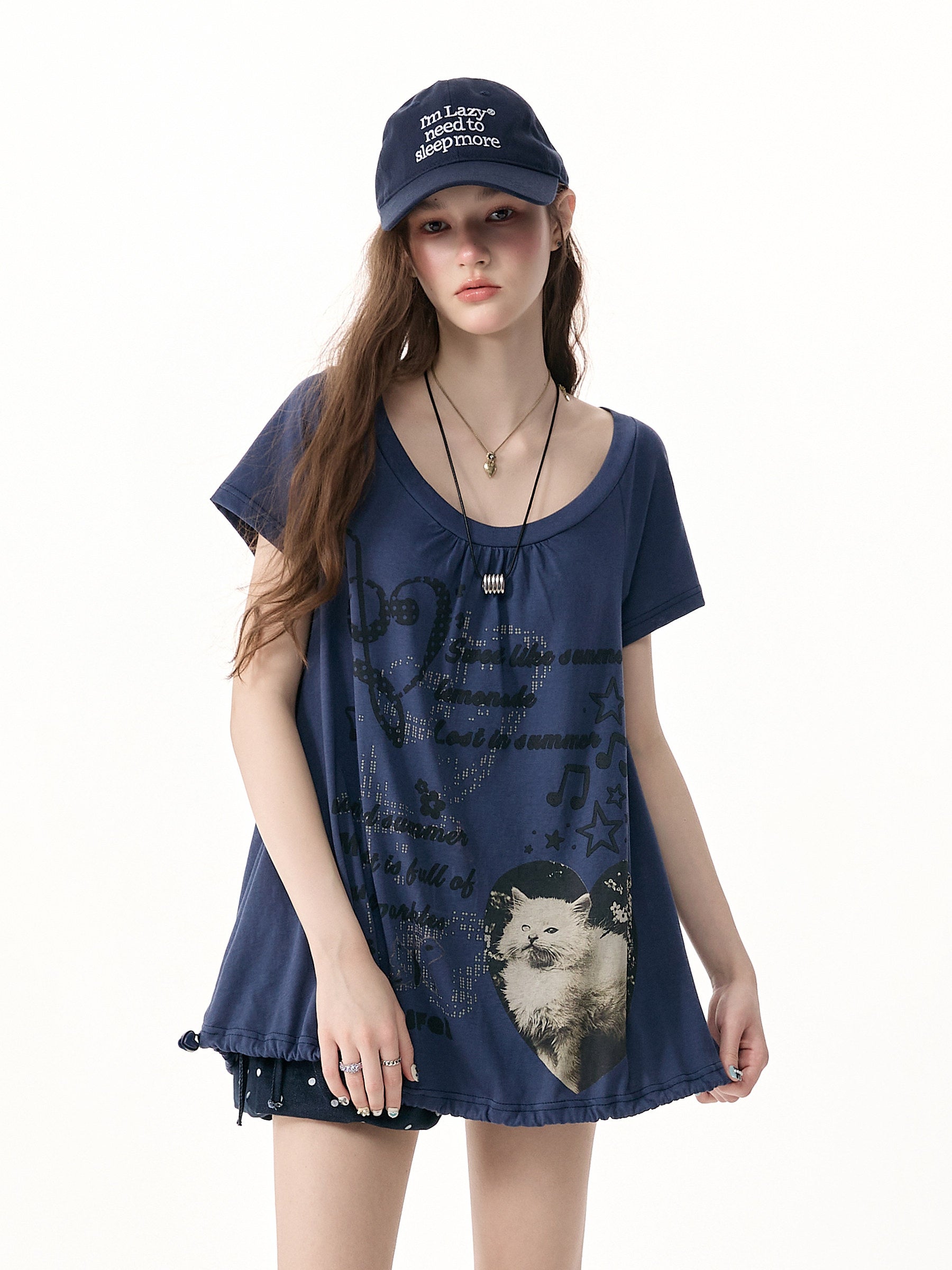 Cat Print Drawstring Tee - ziziFei by Land Decora
