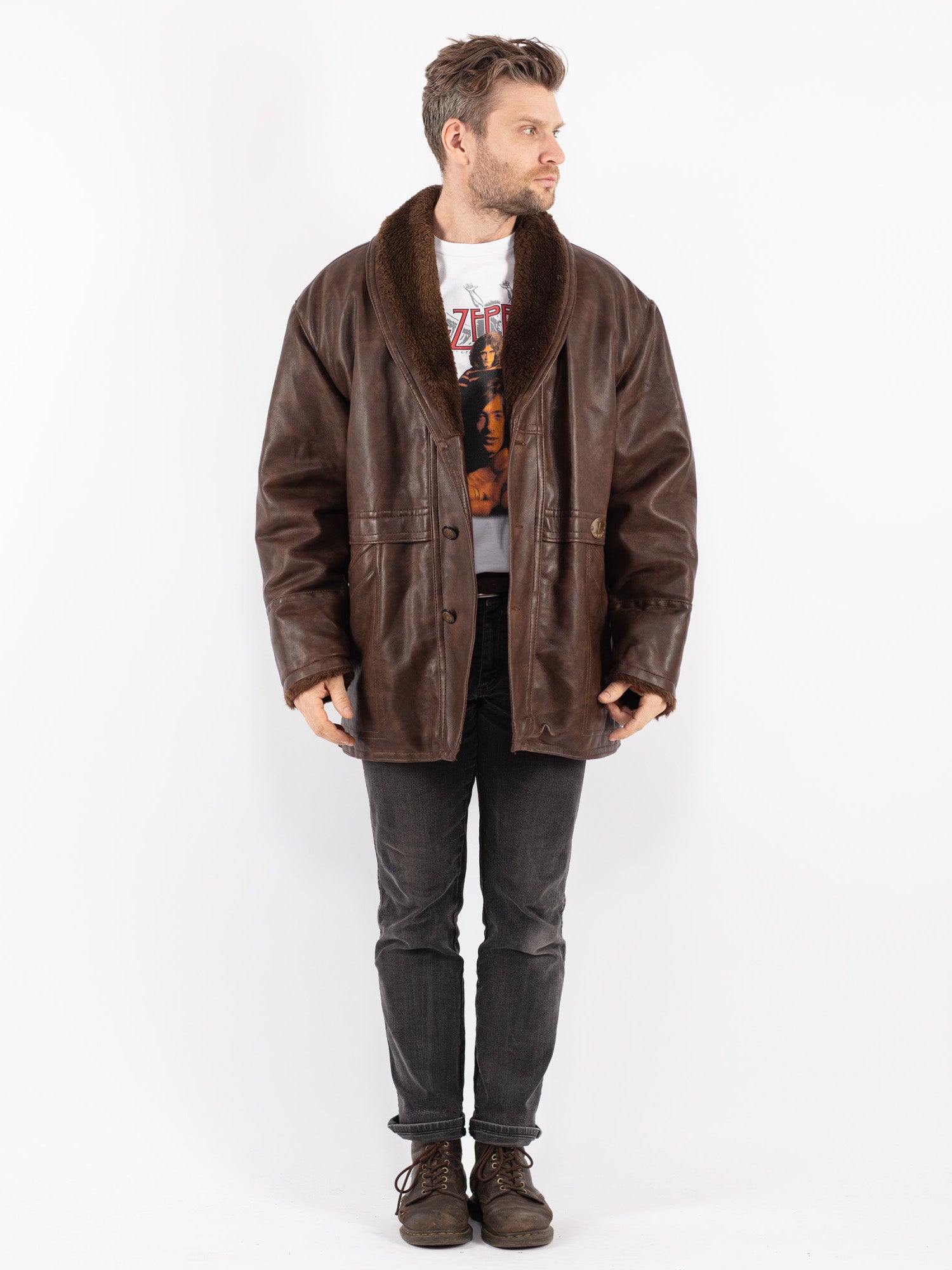 Vintage 90's Men Faux Sheepskin Coat in Brown by Northern Grip