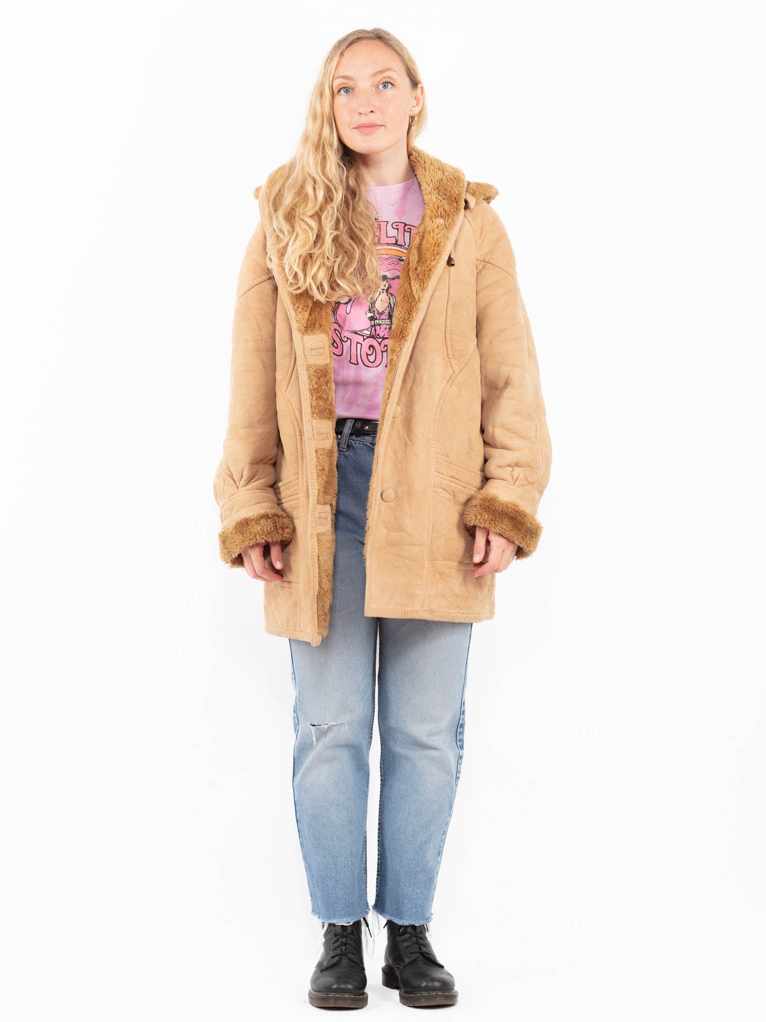 Vintage 90's Penny Lane Faux Sheepskin Coat in Beige by Northern Grip