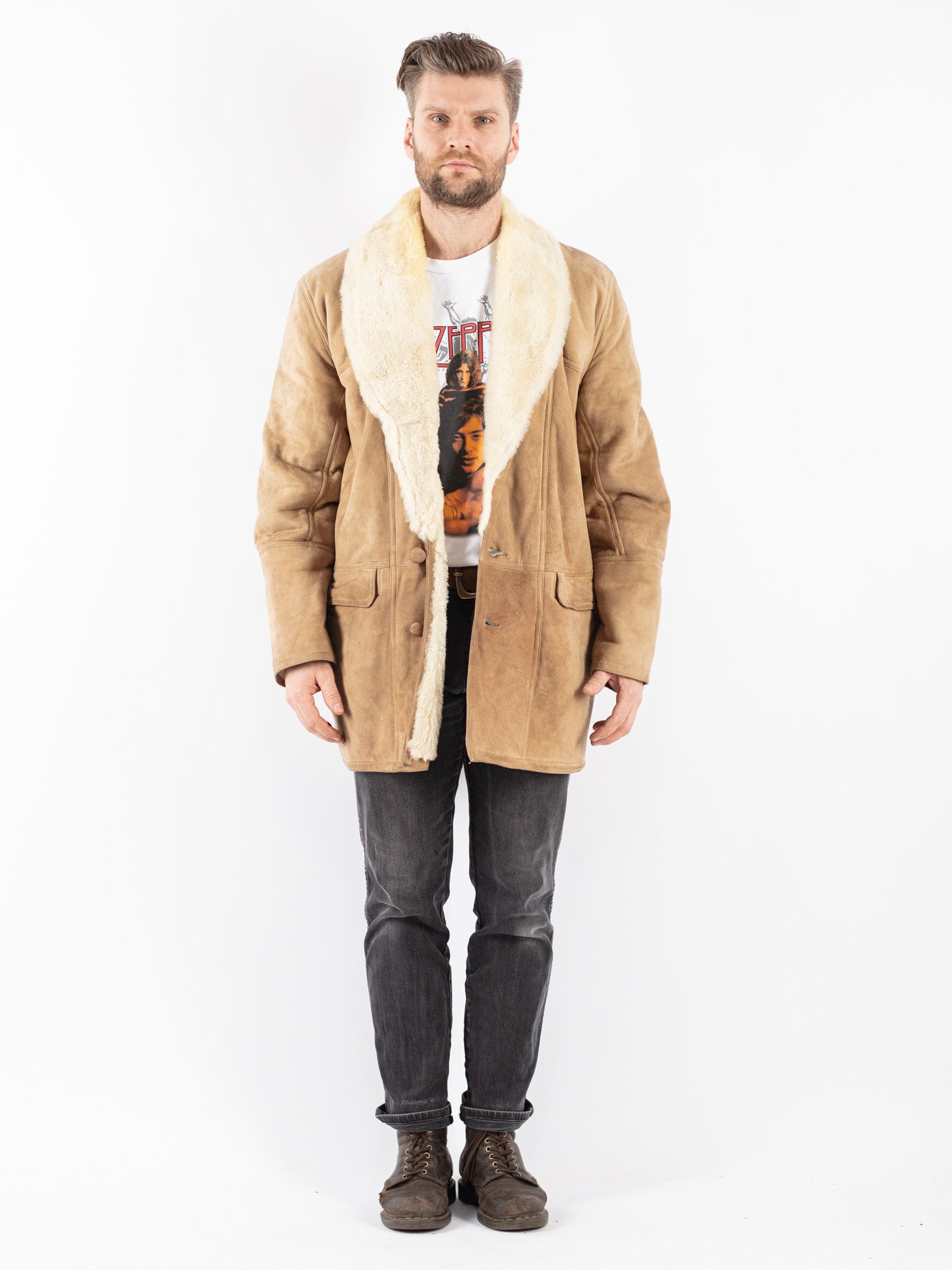 Vintage 90's Men Sheepskin Shearling Coat in Beige by Northern Grip
