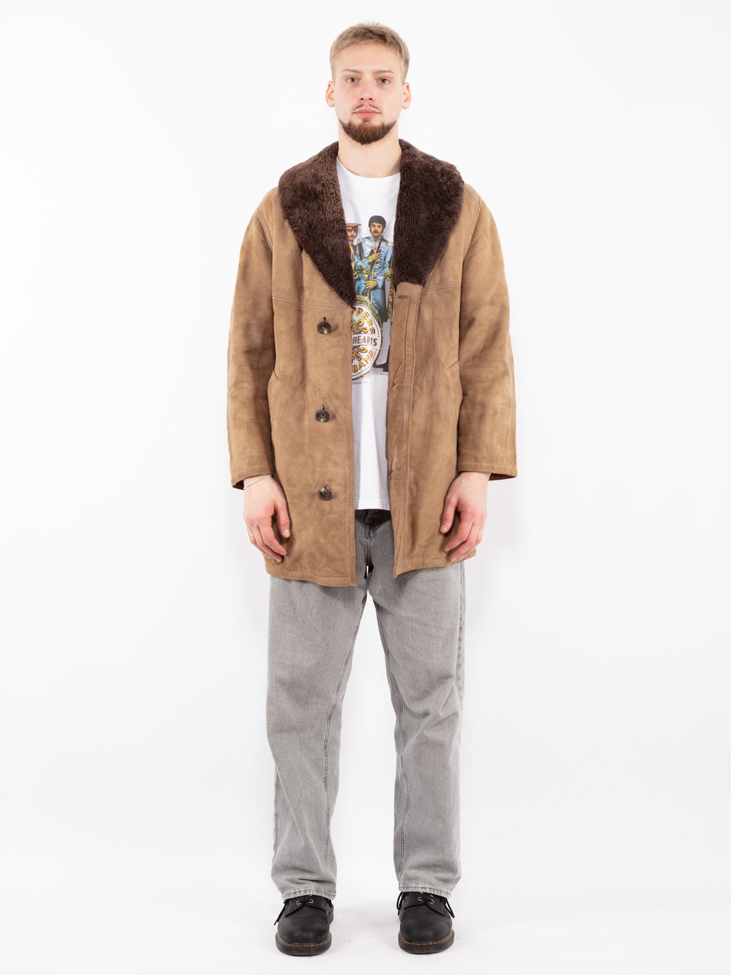 Vintage 70's Men Suede Sherpa Coat in Beige by Northern Grip