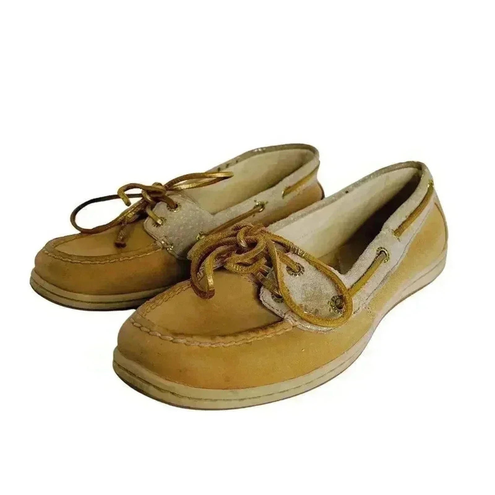 Sperry Top-Sider Tan Leather Boat Shoes Gold Details Preppy Old Money by Hot Girl Secondhand