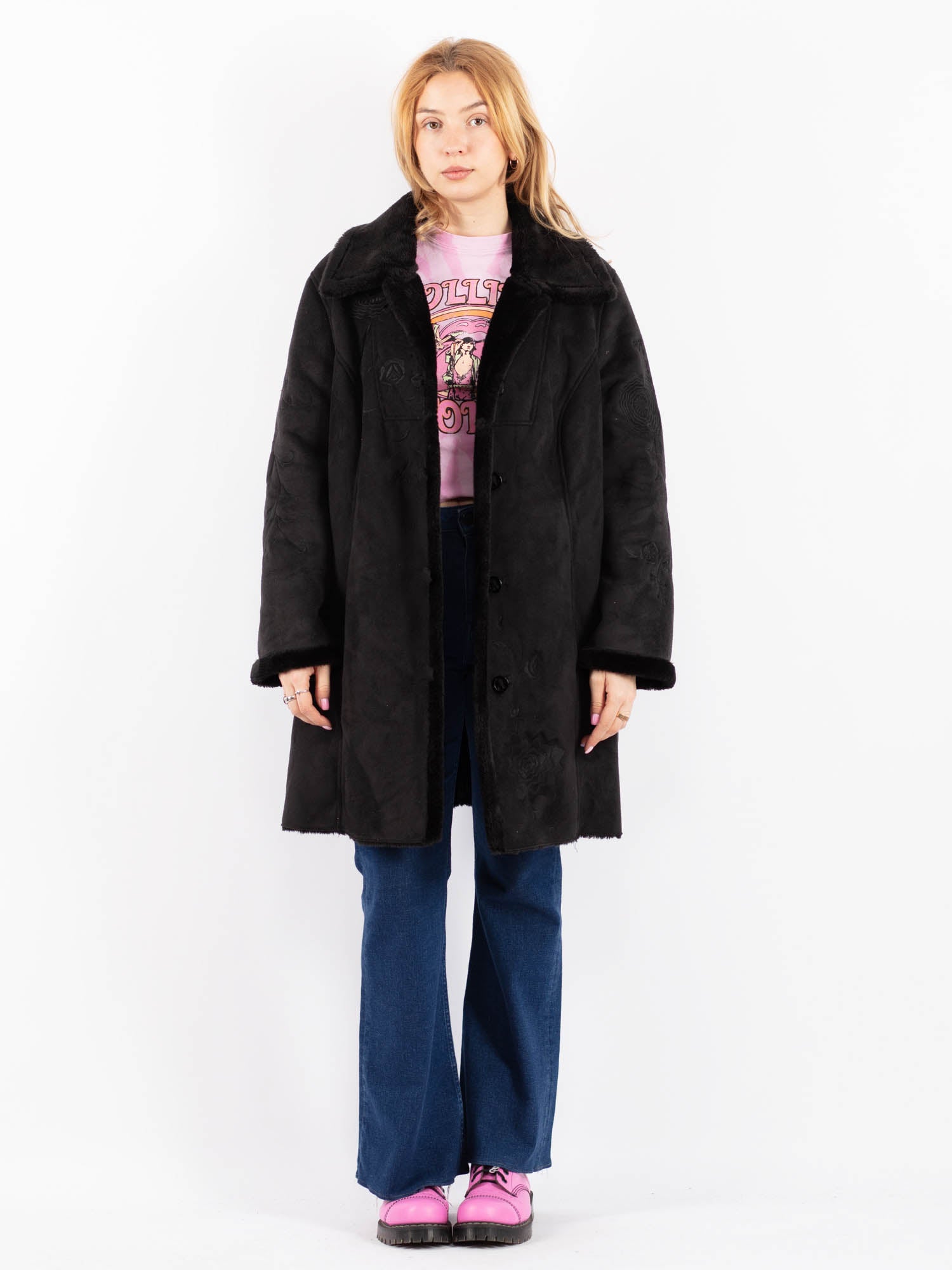 Vintage 90's Women Faux Sheepskin Coat in Black by Northern Grip