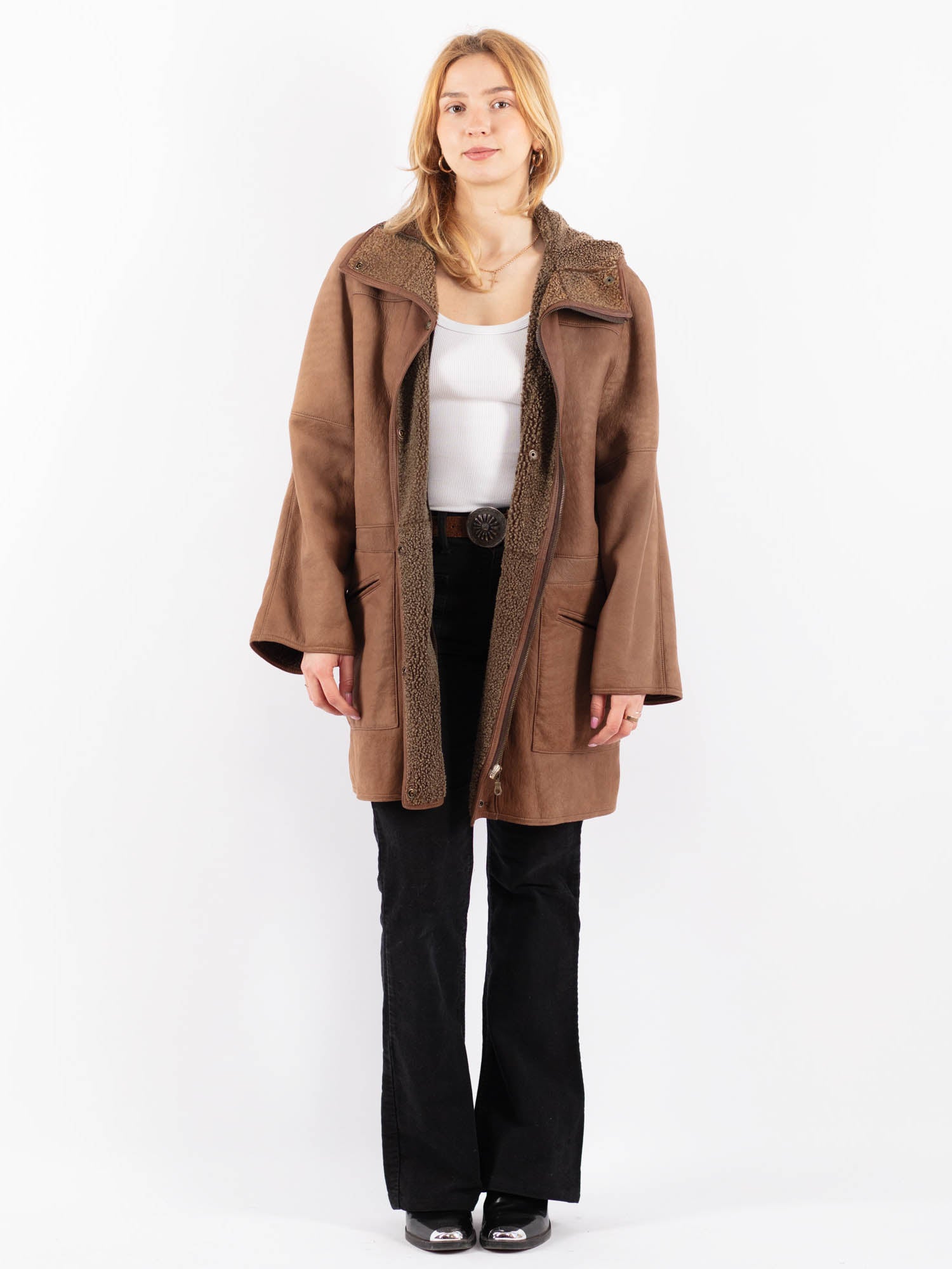 Vintage 90's Women Hooded Sheepskin Coat in Beige by Northern Grip