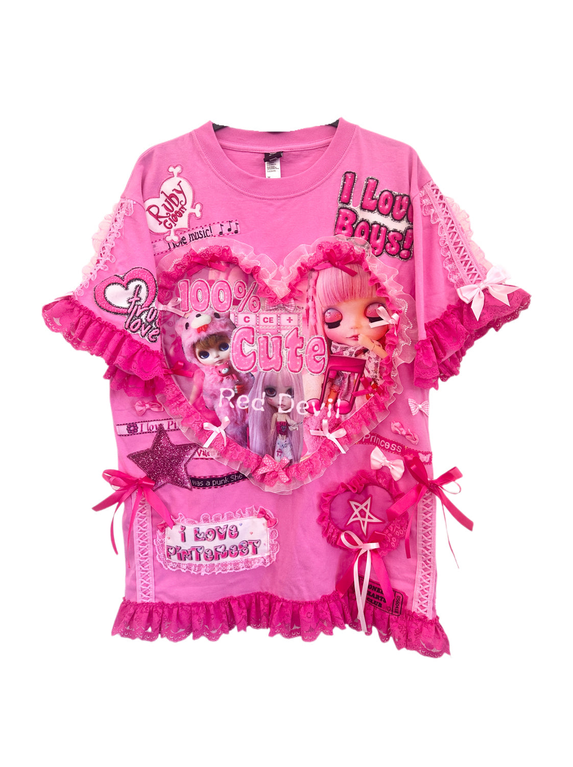 RedDevil Kawaii Puff Short Sleeve Top | Harajuku Decora Lace Heart Tee by Land Decora