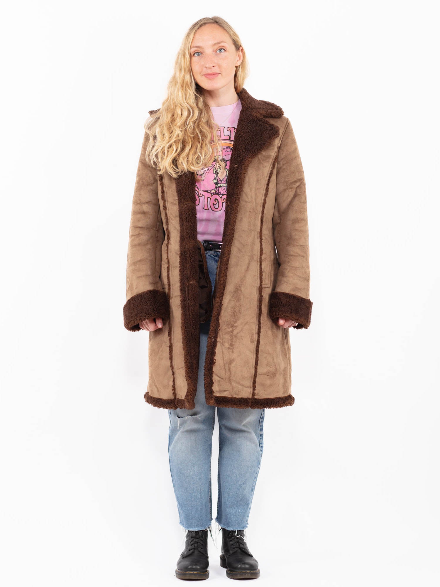 Vintage 90's Penny Lane Faux Sheepskin Coat in Beige by Northern Grip