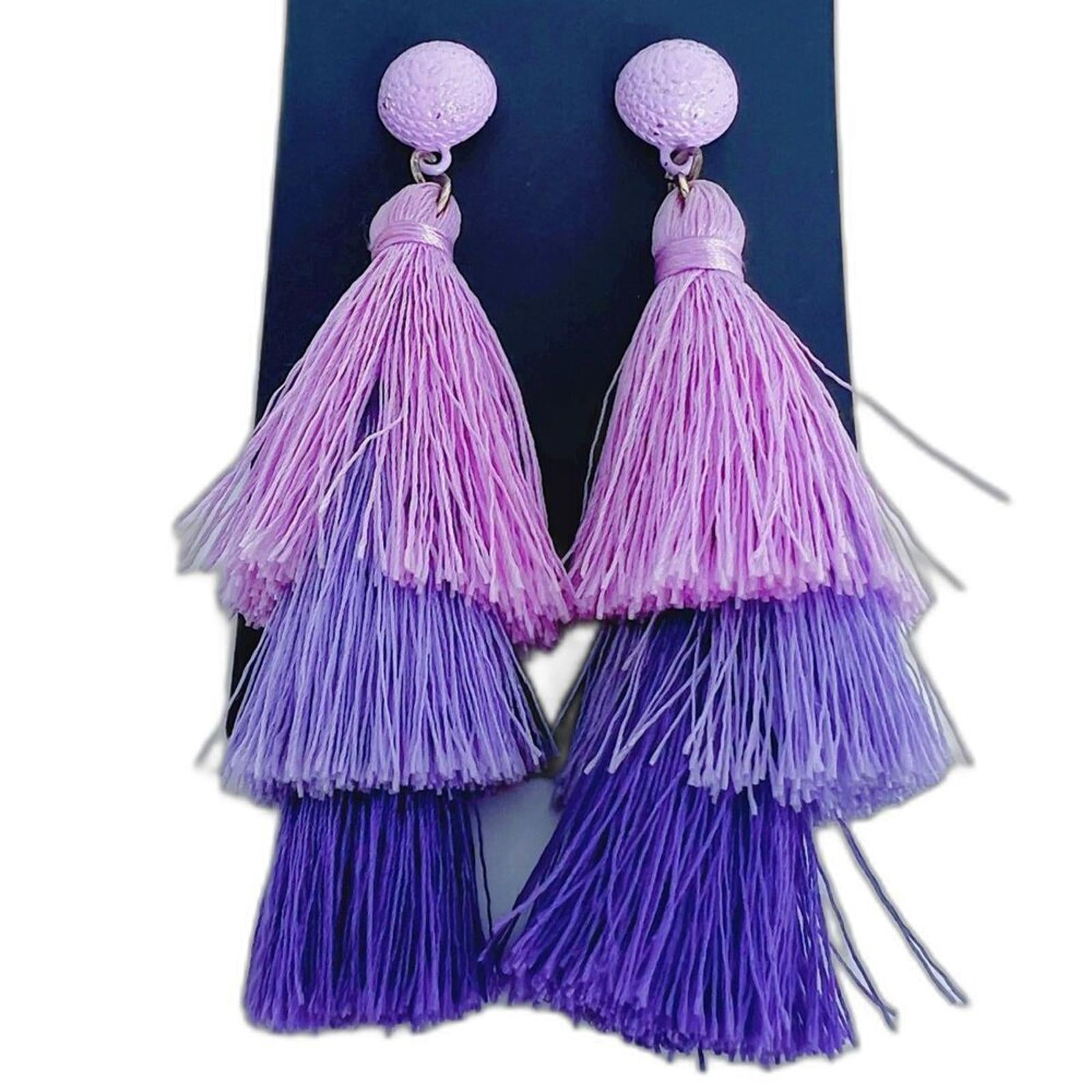 Pink Purple Layered Tassel Statement Earrings Boho Chic by Hot Girl Secondhand