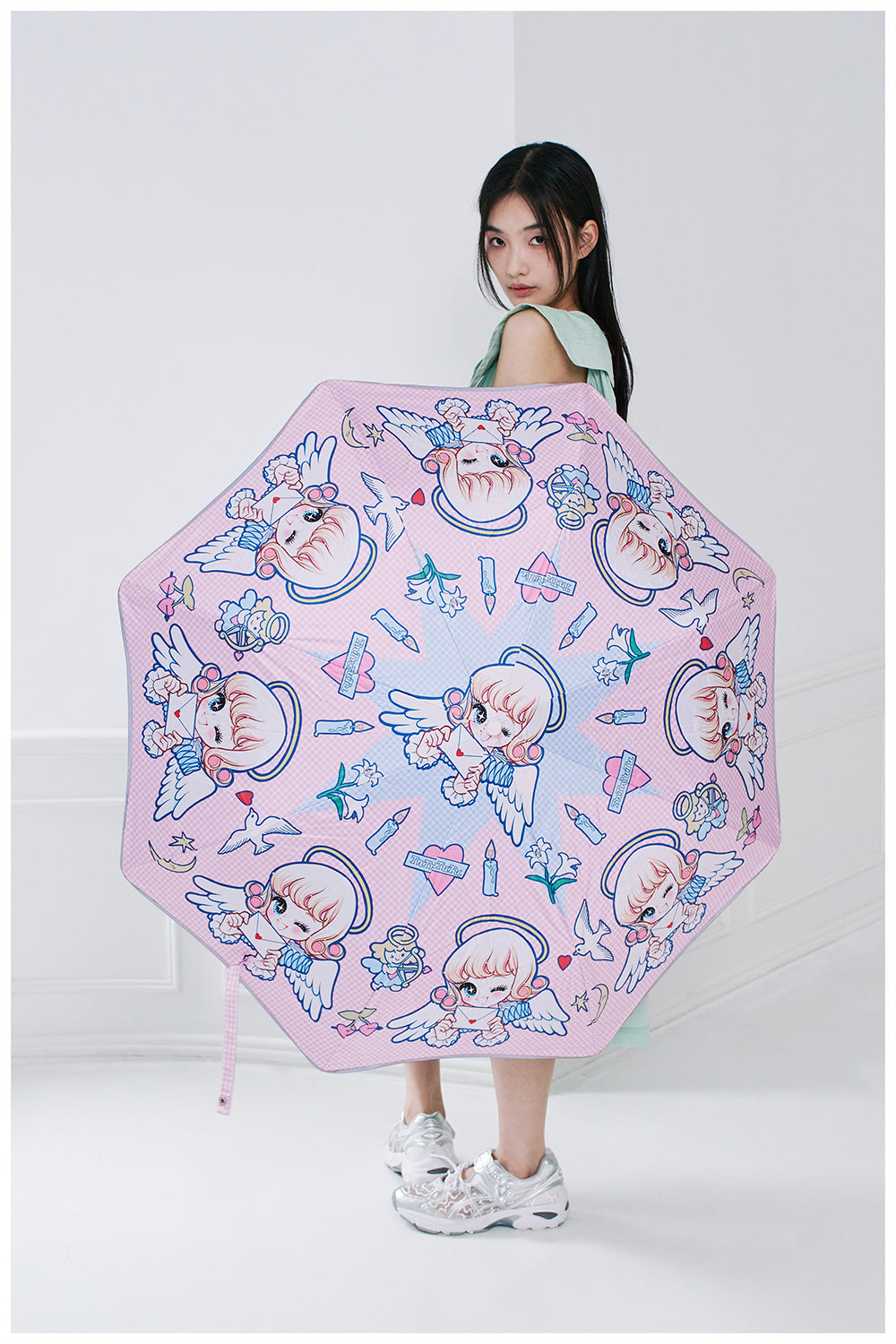tntntutu Pink-Blue Angel Umbrella | Check Sun Umbrella | UV Protection by Land Decora