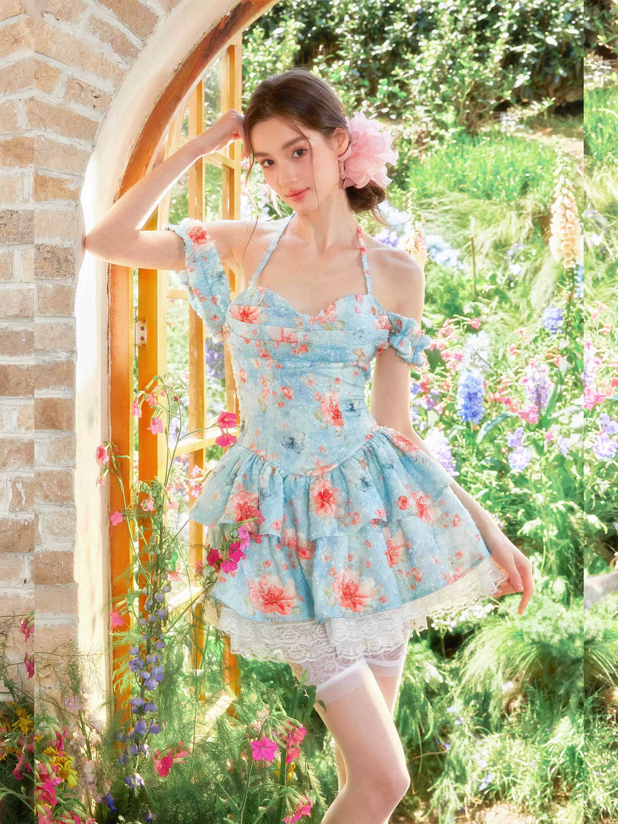 GirlyVibes Dress Blue Dress Halter Neck Dress Floral Babydoll Dress – YZZI HE by Land Decora