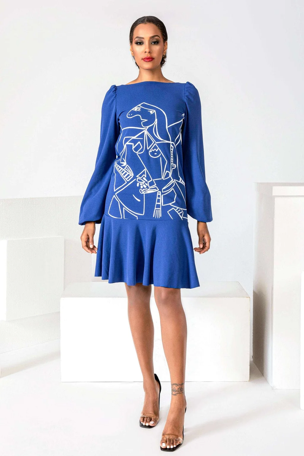 Hand painted Long Sleeve Flare Dress - Blue King by MA DEZIGN