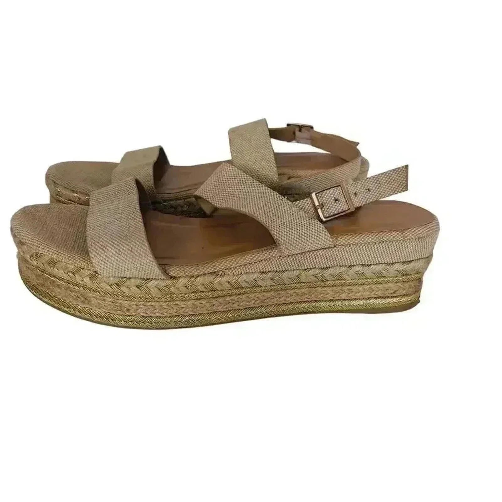 Bamboo Platform Espadrille Sandals Cream and Gold Canvas Woven Size 10 by Hot Girl Secondhand