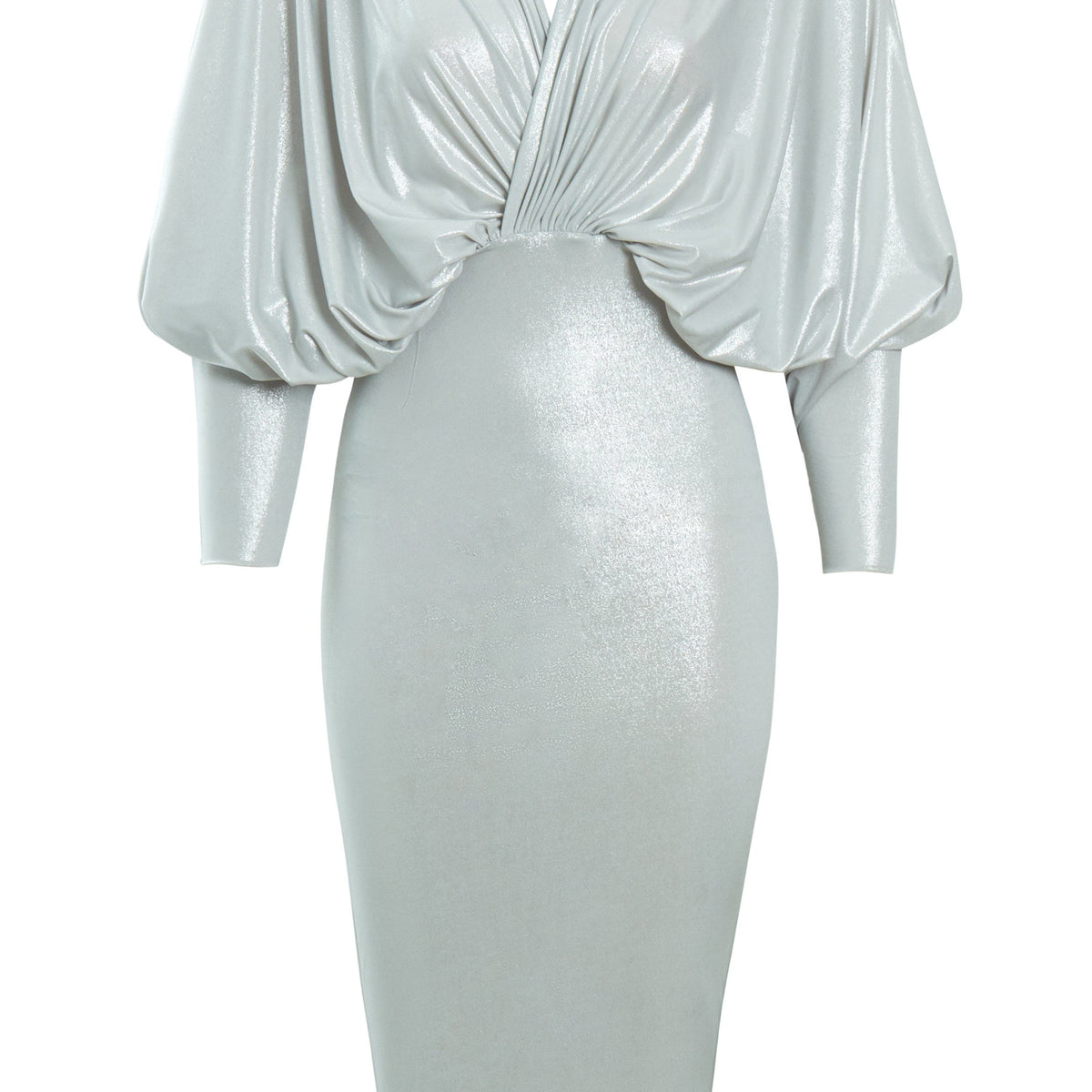Ania Metallic Silver Batwing Sleeve Midi Dress – Bodycon Fit By Sarvin by Sarvin