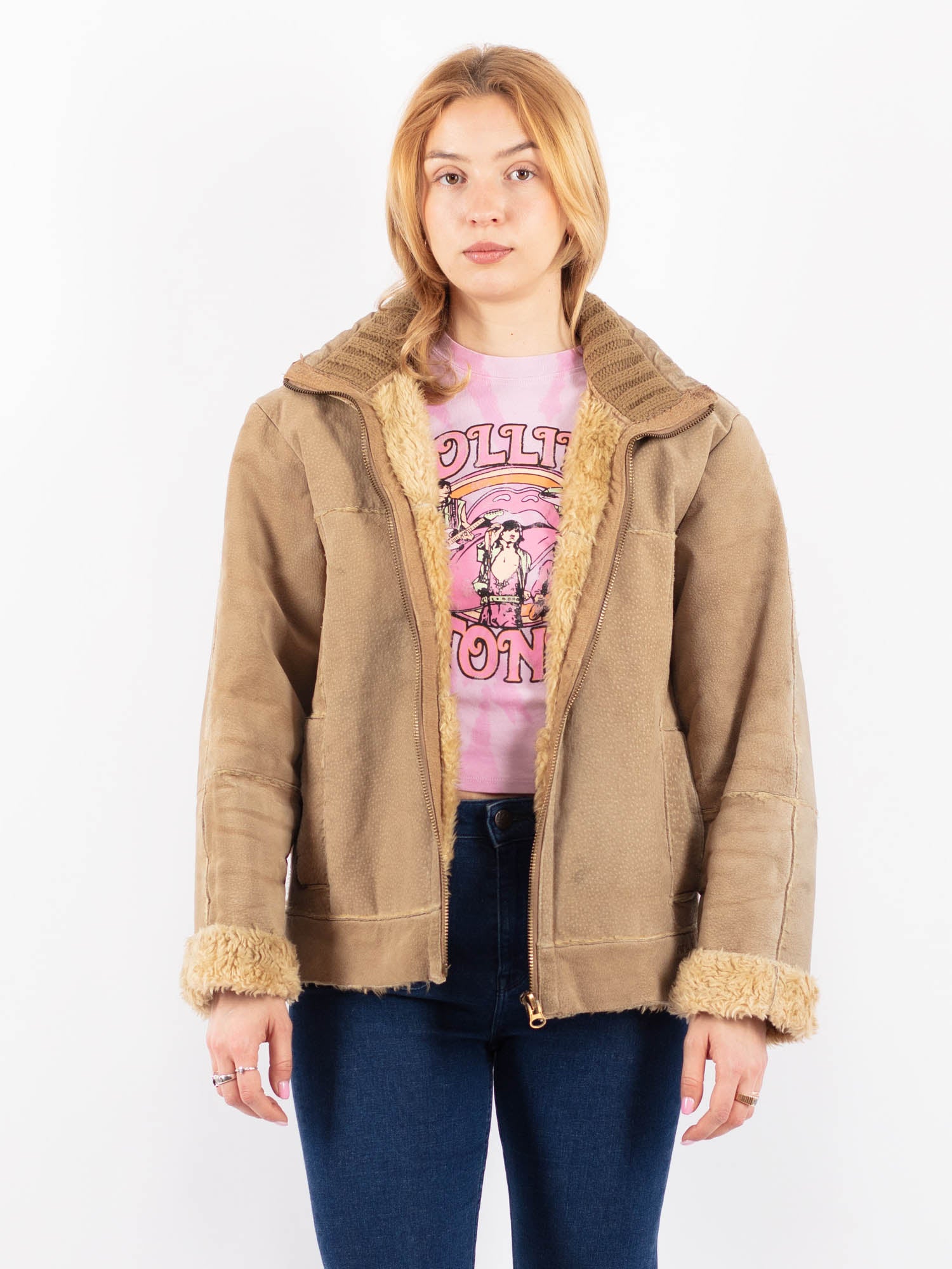 Vintage 90's Women Suede Sherpa Jacket in Beige by Northern Grip