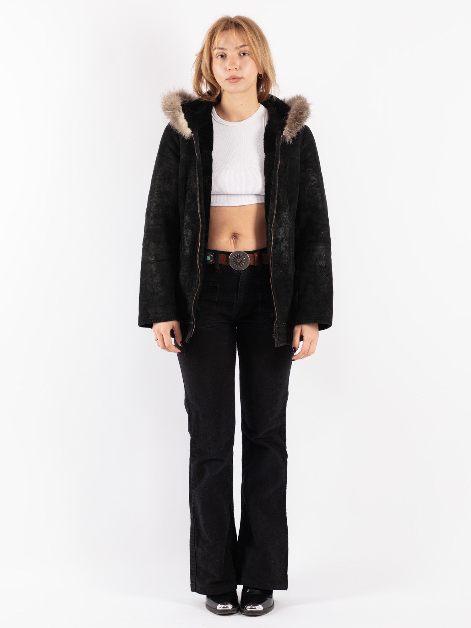 Vintage 90's Women Hooded Sheepskin Jacket in Black by Northern Grip