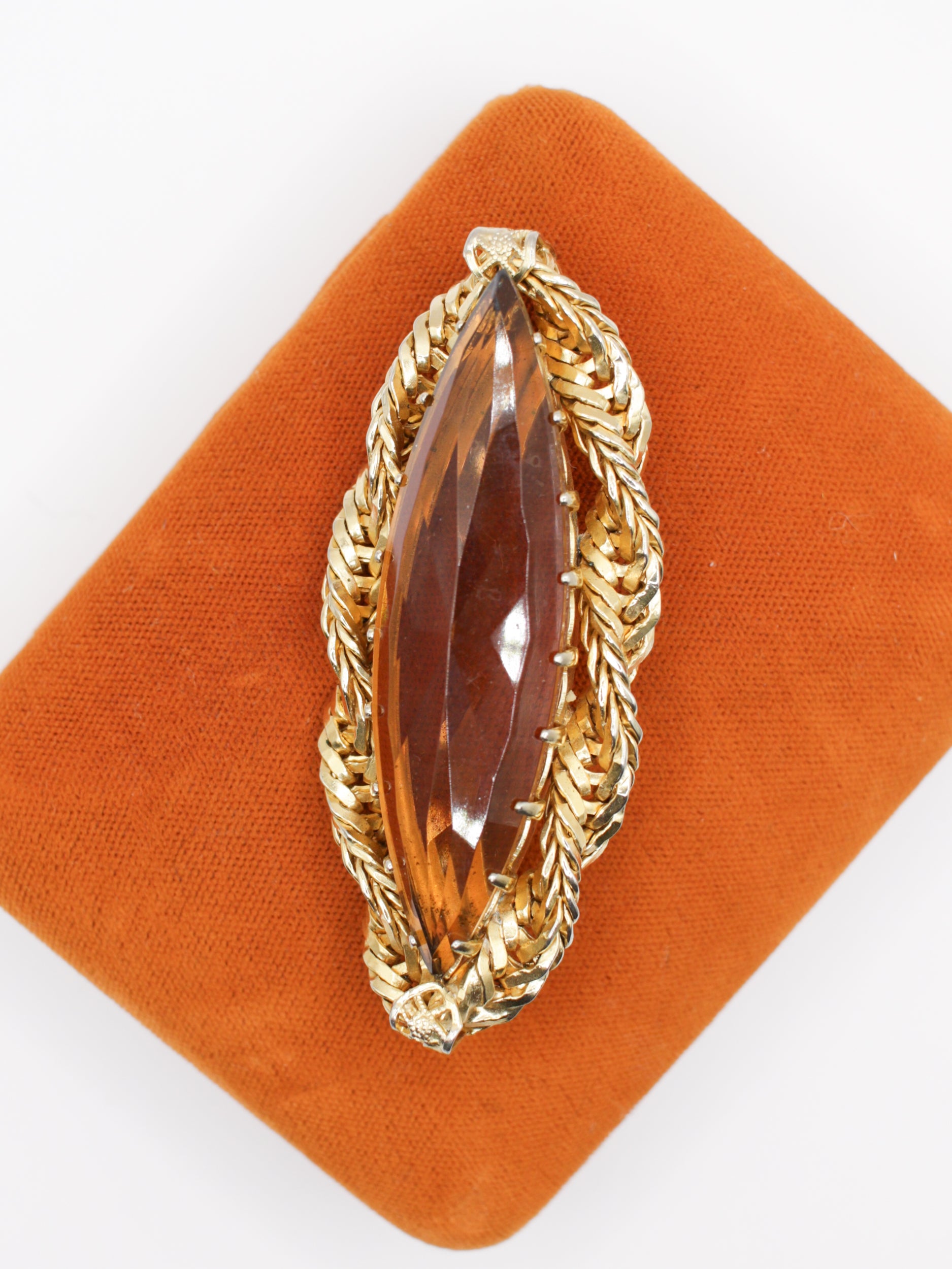 Vintage 50's Amber Glass Navette Brooch in Gold by Northern Grip