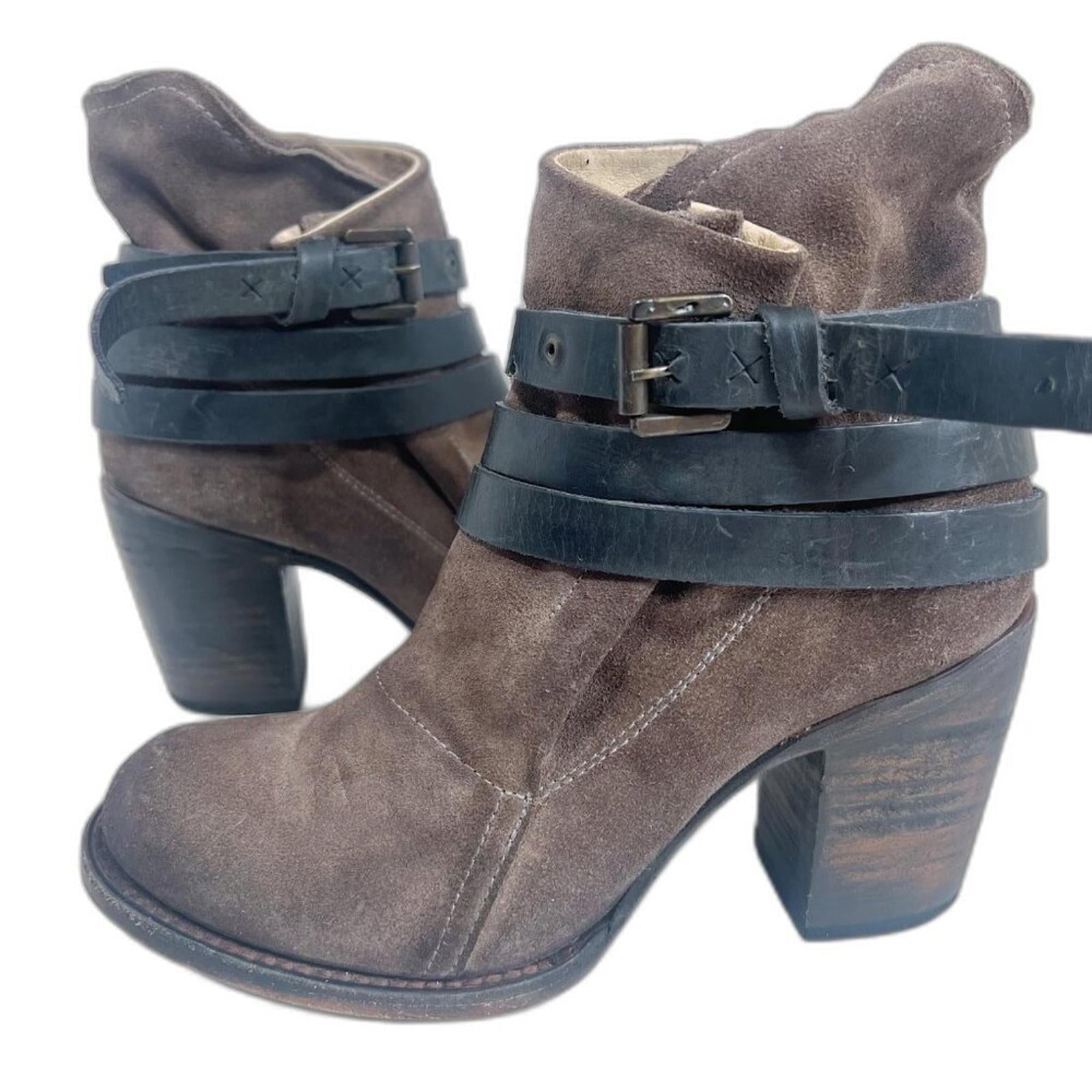 Freebird Blaze Brown Leather Booties Black Buckle Heeled Ankle Boot Si by Hot Girl Secondhand
