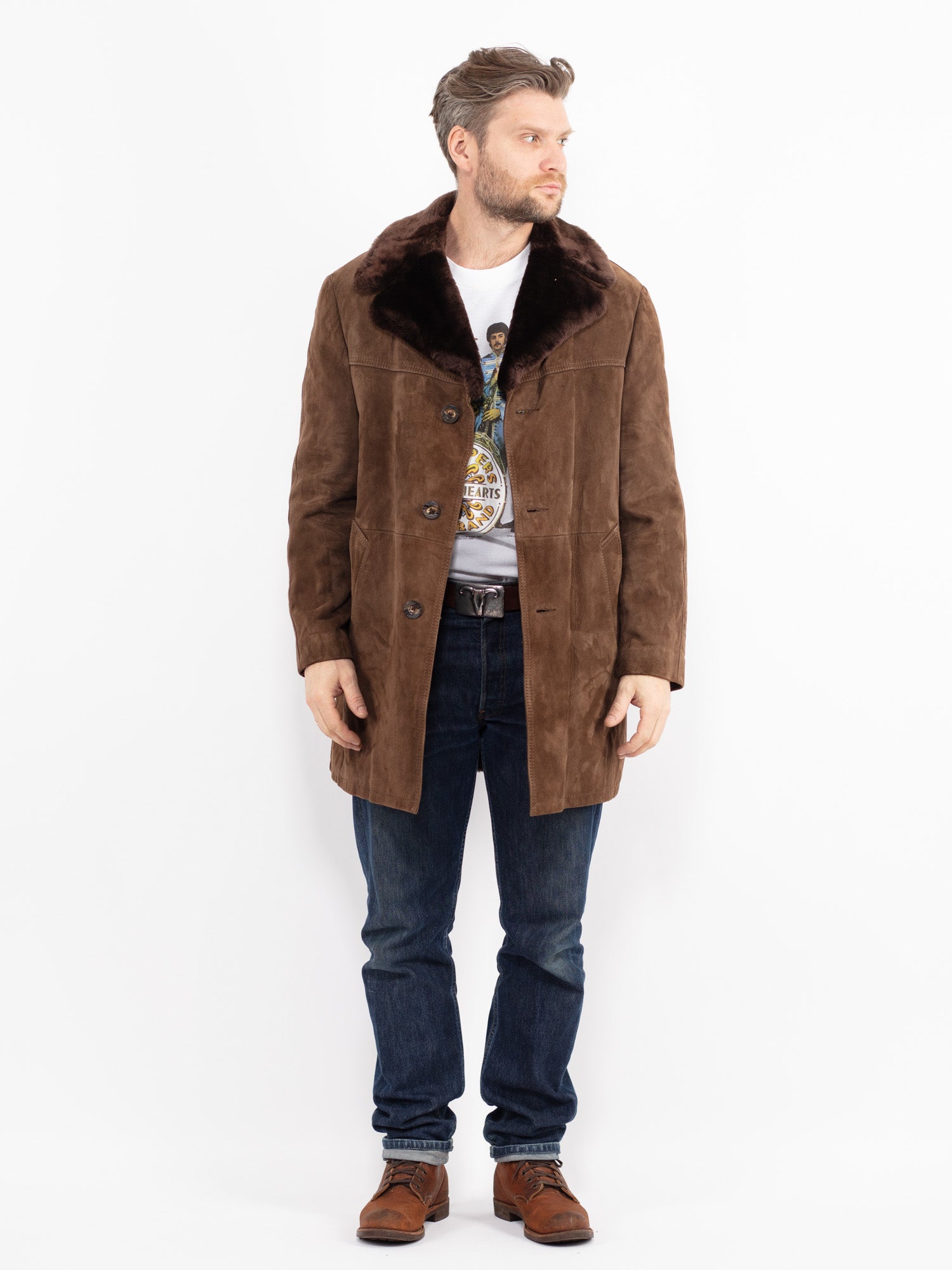 Vintage 70's Men Suede Sherpa Coat in Brown by Northern Grip