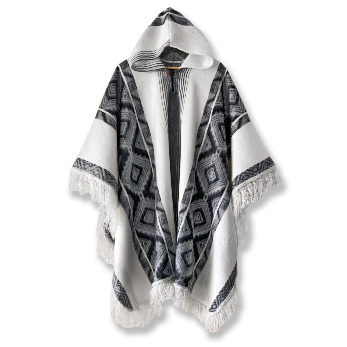 Lightweight Baby Alpaca Wool Fringed Hooded Unisex Poncho Pullover - White With Black Diamonds Pattern by ECUALAMA