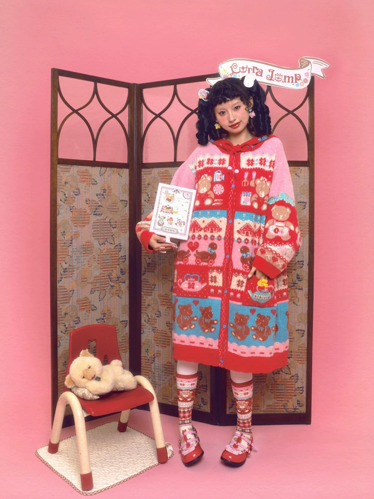 Harajuku Hoodie Red Tea Bear Hoodie Cardigan Decora Kei Hoodie | Lutra Jump by Land Decora